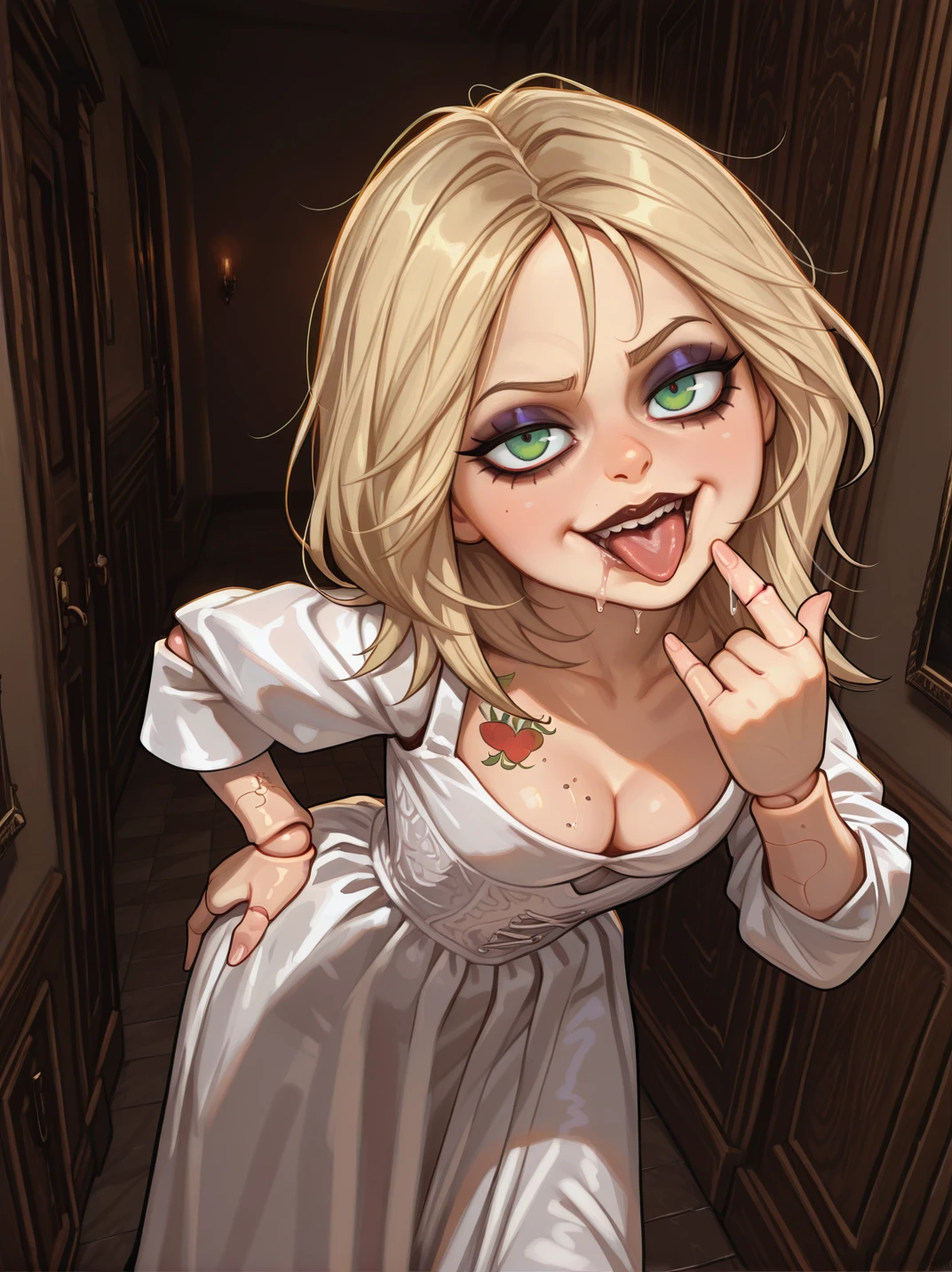 highres, hi res, best quality, masterpiece,
1girl, (TiffanyXLP:1.1), blonde hair, green eyes, eyeshadow, makeup, white dress, long skirt, doll joints, cleavage, tattoo,
evil smile, dutch angle, naughty pose, looking at viewer, dark room, horror \(theme\), indoors, one hand on hips, one finger on lips, leaning forward, solo, dynamic pose, cowboy shot, head tilt, sexually suggestive, tongue out, saliva, naughty face, from above,
<lora:TifannyCMXL_character-12-IL:0.8> <lora:frostbitev2_Illu_dwnsty:1>, frostbite,