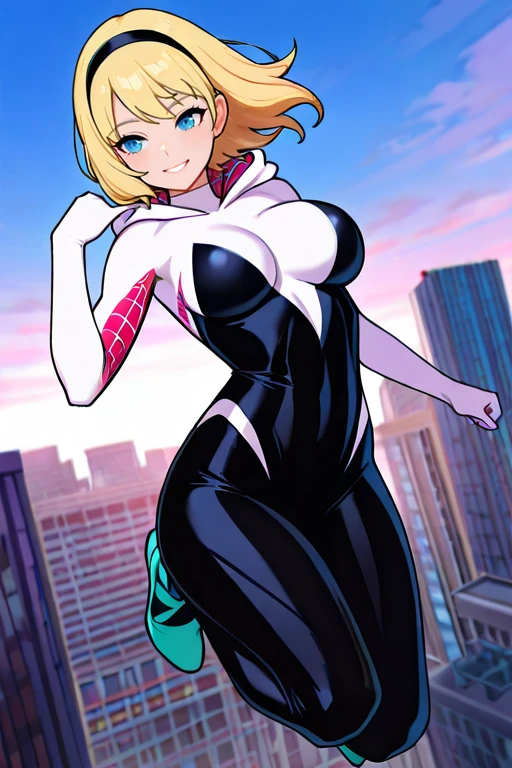 masterpiece, High quality, Ultra detailed, 2d, newest, absurdres, highres, BREAK
1girl, solo, superhero, <lora:Spider_Gwen:0.8>, ghost_spider_(spider-verse), short hair, blonde hair, hairband, blue eyes,
large breasts, GwenDef, bodysuit, hooded bodysuit, spider web print, skin tight, ballet slippers,
flying, sky, full body, city, building, smile,