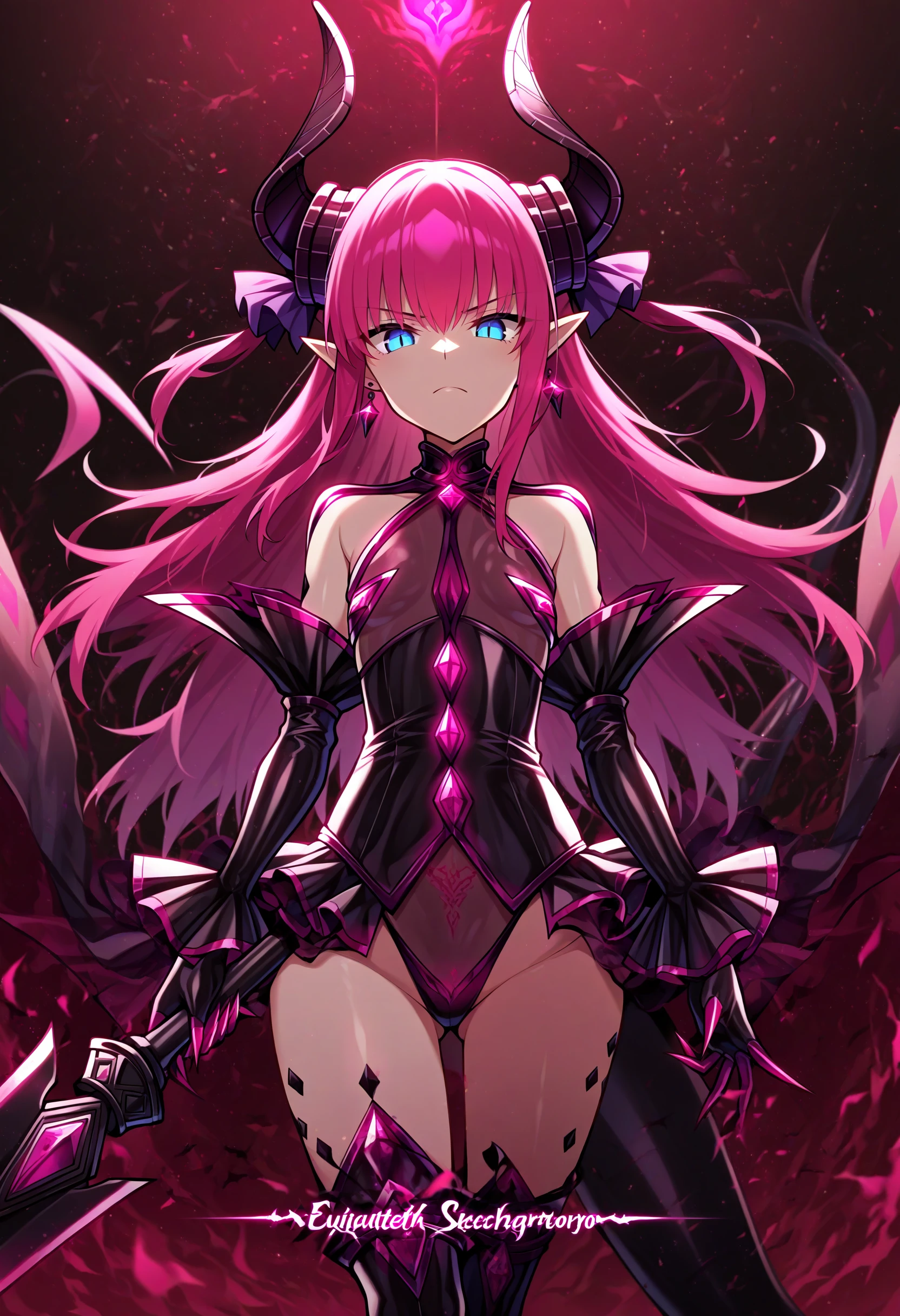masterpiece,best quality,
corruption, waruochi,
[

arknightscharacterpresentation, sensitive, elizabeth bathory \(fate\), girl, solo, holding weapon, serious, character name, copyright name,

],
