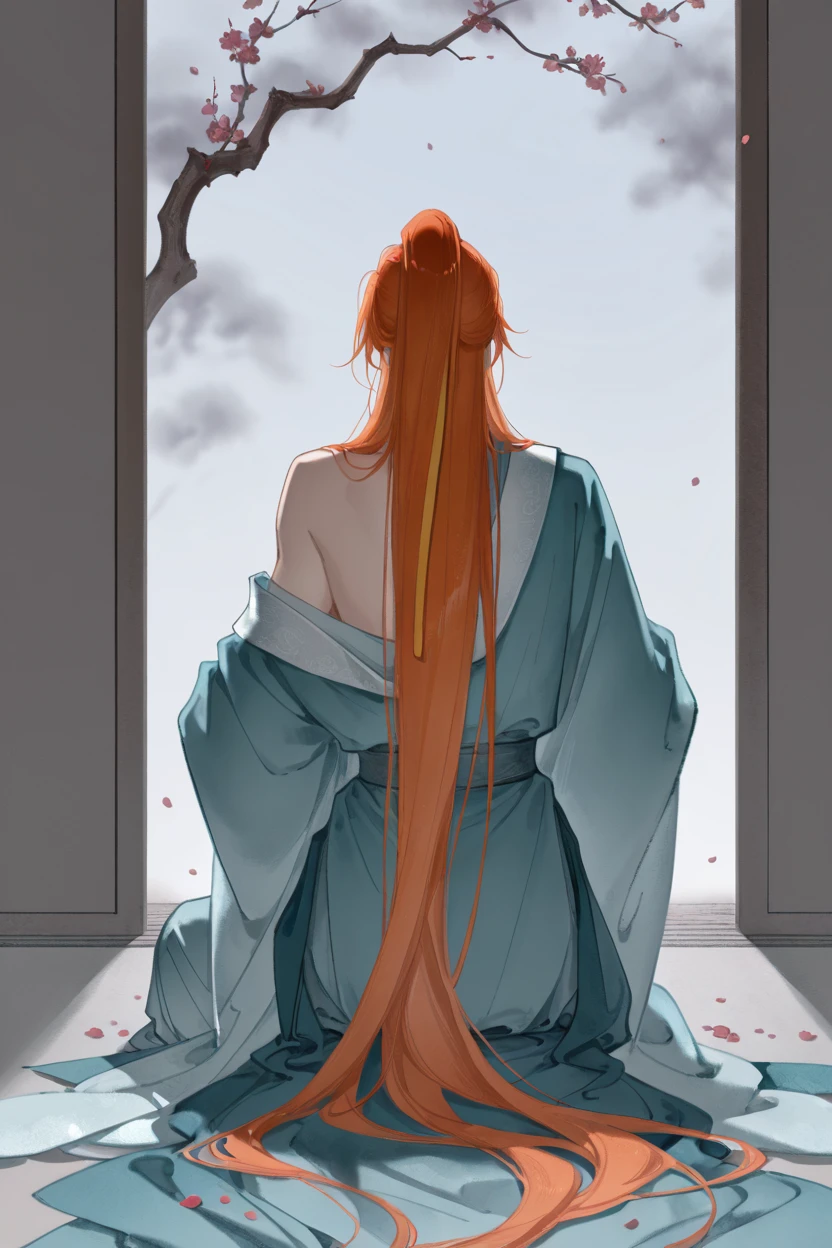 masterpiece, best quality, very aesthetic, newest, absurdres, highres,
<lora:YuYuHuadiaoIllustriousV1:1> yuyuhuadiao,
1boy, solo, long hair, orange hair, long sleeves, very long hair, sitting, flower, hanfu, wide sleeves, off shoulder, from behind, petals, branch, facing away