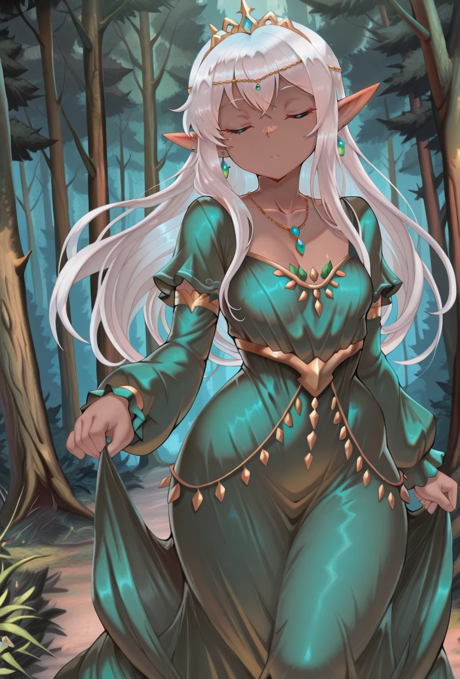 masterpiece, best quality, absurdres, 1girl, solo,  <lora:I_Need_An_Adult:1>, inad, elf ears, dark-skinned female, white hair, long hair, closed eyes, green dress, elaborate dress, outdoors, forest, walking towards viewer, earrings, necklace, tiara