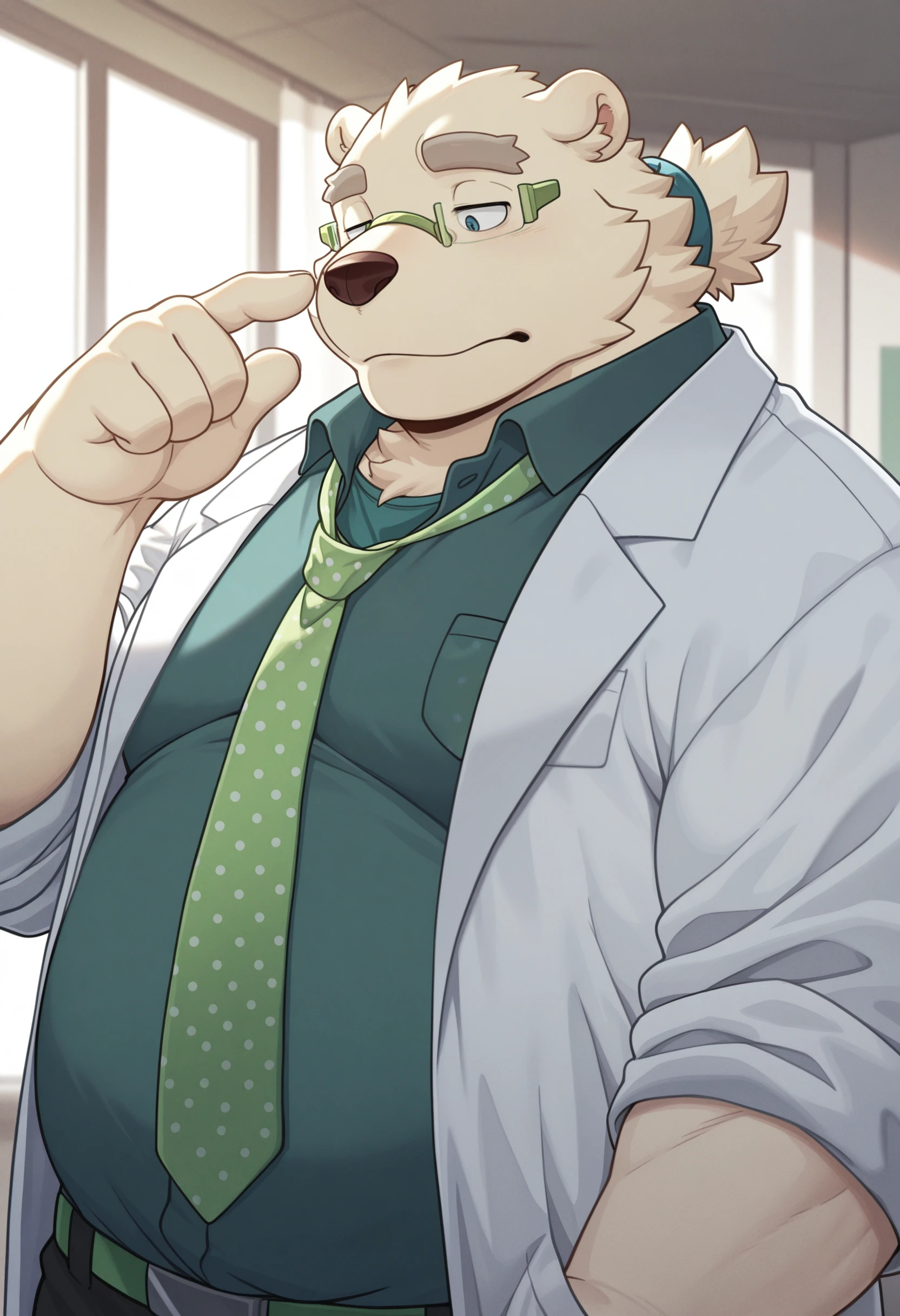 masterpiece, best quality, amazing quality, solo, 1boy, Leibtas, necktie, shirt, green glasses, lab coat