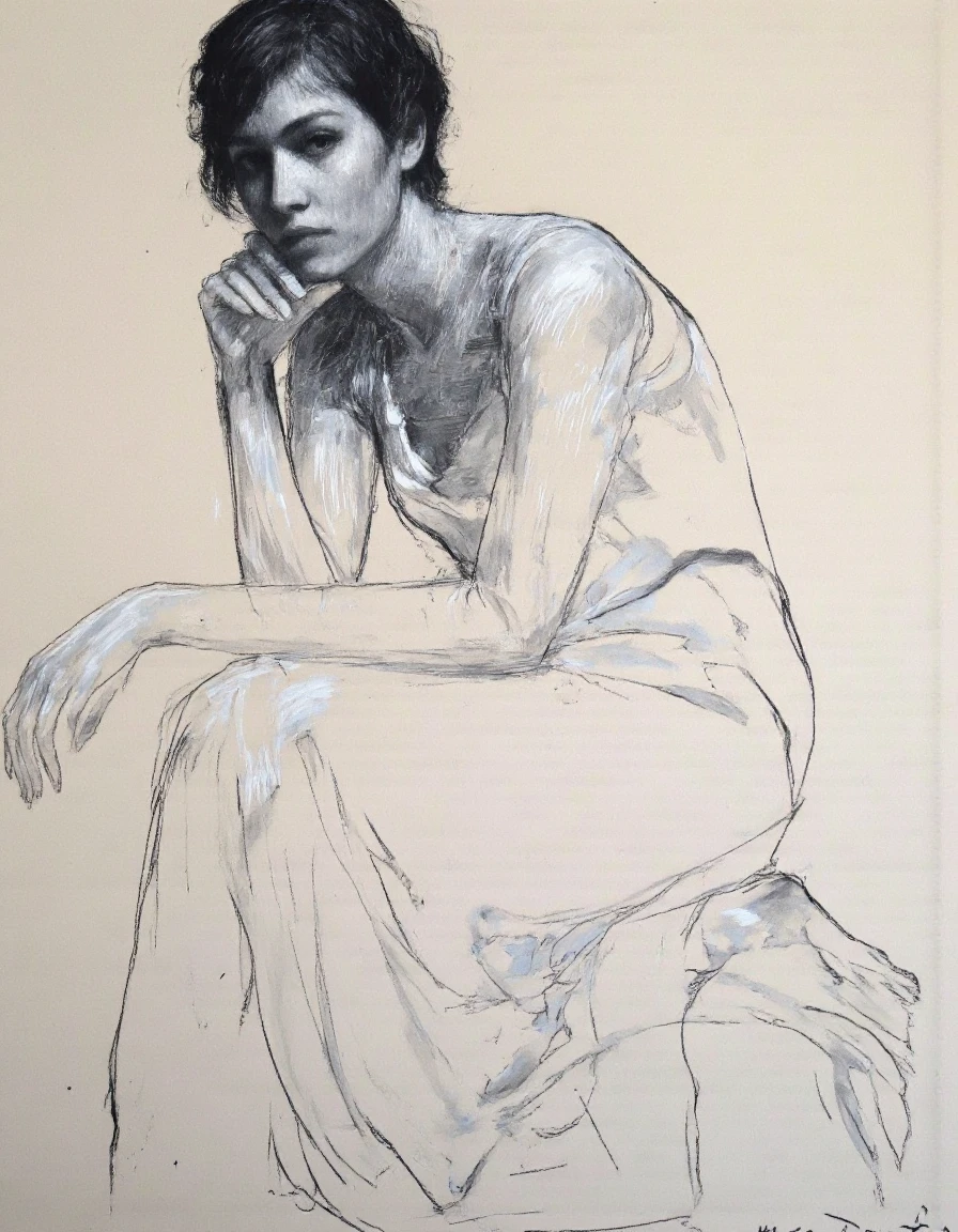 um desenho de uma mulher, artistic , modelo de artista , a charcoal drawing by William Twigg-Smith, CGSetnação, arte figurativa, Aquarela, desenho colorido, dynamic pose, corpo inteiro, Aquarel e Tinta