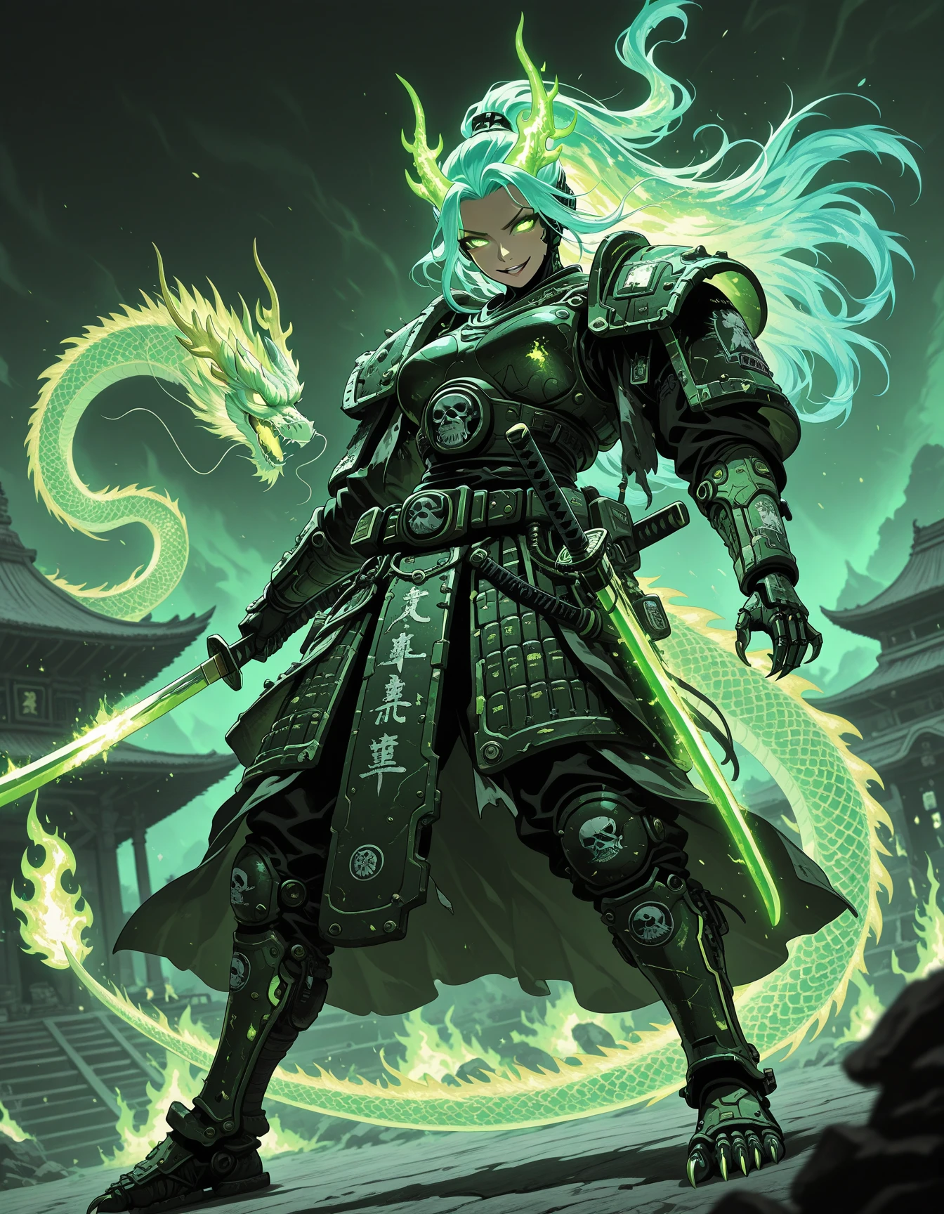 Flatline, Flat vector illustration,,masterpiece, best quality, good quality, very aesthetic, absurdres, newest, 8K, depth of field, focused subject, dynamic angle, dutch angle, Tall female dragon samurai , green glowing fire hair, glowing eyes, high tech warhammer 40k armor, full cyborg,dynamic pose, green fire sparks,evil smile, wielding a burning katata, green glowing katana, holographic green dragon in background, holofoil glitter, faint, glowing, ethereal, neon hair, long hair, glowing hair, flowing hair, otherworldly glow, dangerous,cyber claws,tail, temple in background<lora:ElementalDragonSamuraiIL-000016:0.85> <lora:ck-shadow-circuit-IL:0.6>