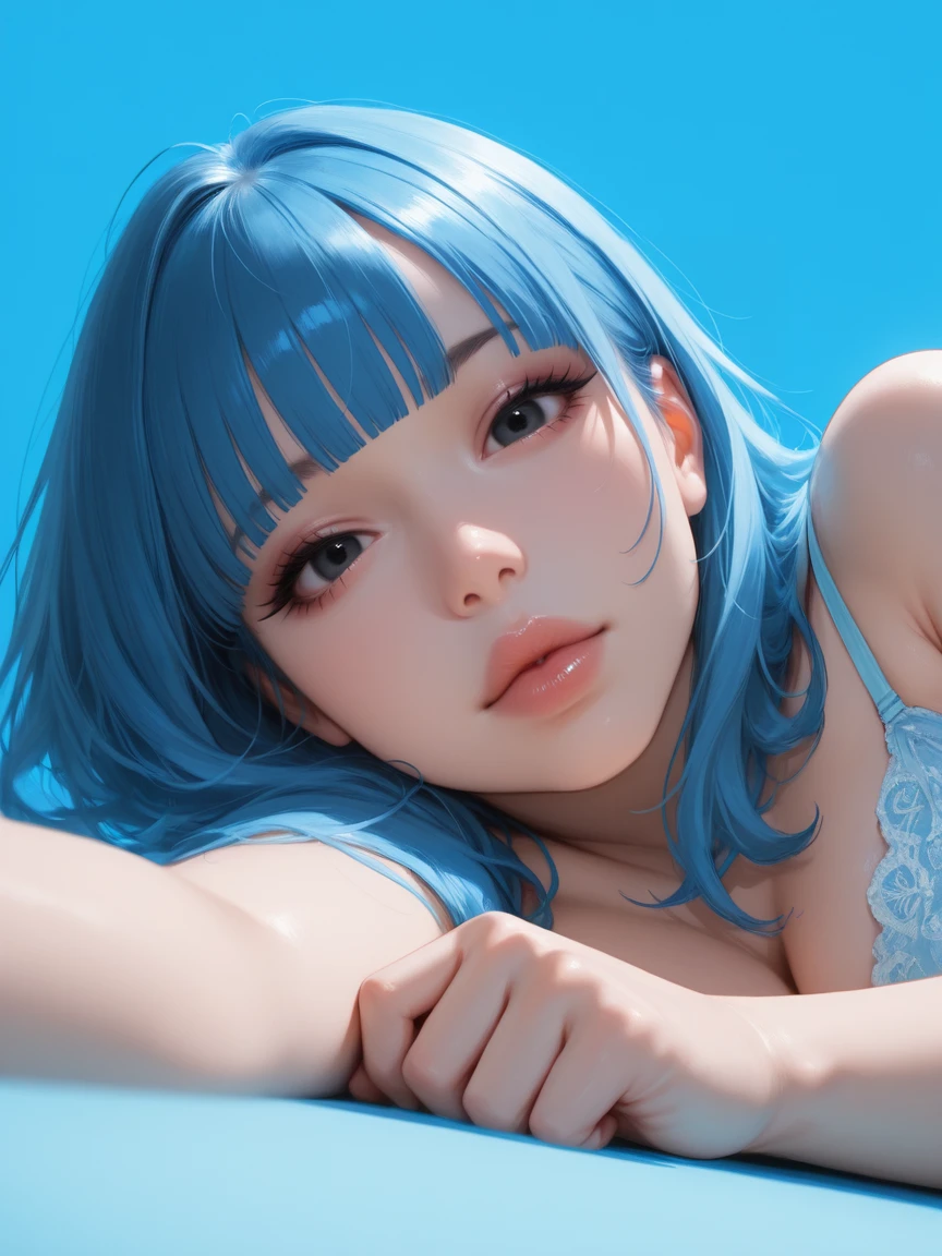masterpiece, best_quality, amazing quality, newest,
semi-realistic.
1woman, 30 years old, thick lips, black eyes,
eyelashes, makeup, mascara,
looking at viewer.
blue hair, blunt bangs.
plump.
lying on side.
simple blue background,
clear color grading, blue theme.
shoot from below, dynamic angle, face focus.
<lora:Style-Hyper-SDXL-12steps-CFG-lora:0.>
<lora:add_brightness_XL:0.>
<lora:add_contrast_XL:-0.>
<lora:add_outline_XL:-0.>
<lora:add_saturation_XL:0.>
Asian-Less2-Neg,
detailxl