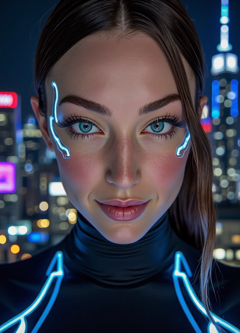 SFW, brightly lit, aidmaimageupgrader, A hyperrealistic, close-up portrait of a woman with sleek cybernetic implants integrated into her temples, glowing faintly with neon blue circuitry. Her eyes are a striking blend of human and synthetic, scanning data streams visible in her vision. She wears a high-tech bodysuit with luminescent circuit patterns tracing her collarbones and shoulders. The city skyline behind her is a neon-lit cyberpunk dreamscape, towering skyscrapers glowing with electric advertisements. Extreme facial realism, hyper-detailed synthetic textures, deep cyberpunk neon lighting creating a futuristic glow.<lora:pony\Letha_Weapons_Pony_-_Adult_Actress_and_Model.safetensors:1.0:1.0> <lora:flux\custom\adult\hazel-may38.safetensors:1.09:1.09> <lora:turbo-8-step-flux.safetensors:0.5:0.5> <lora:flux\style\Common\aidmaImageUprader-FLUX-v0.3.safetensors:0.25:0.25>