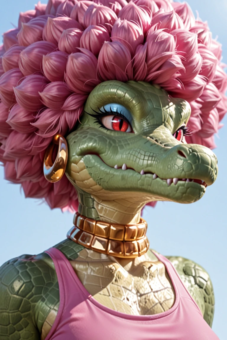 masterpiece, best quality, amazing quality, very aesthetic, high resolution, ultra-detailed, absurdres, newest BREAK 1girl, solo, Kalypso, anthro, furry female, afro, pink hair, red eyes, blue eyeshadow, crocodilian, gold earrings, gold collar, pink crop top, close up, portrait, simple background