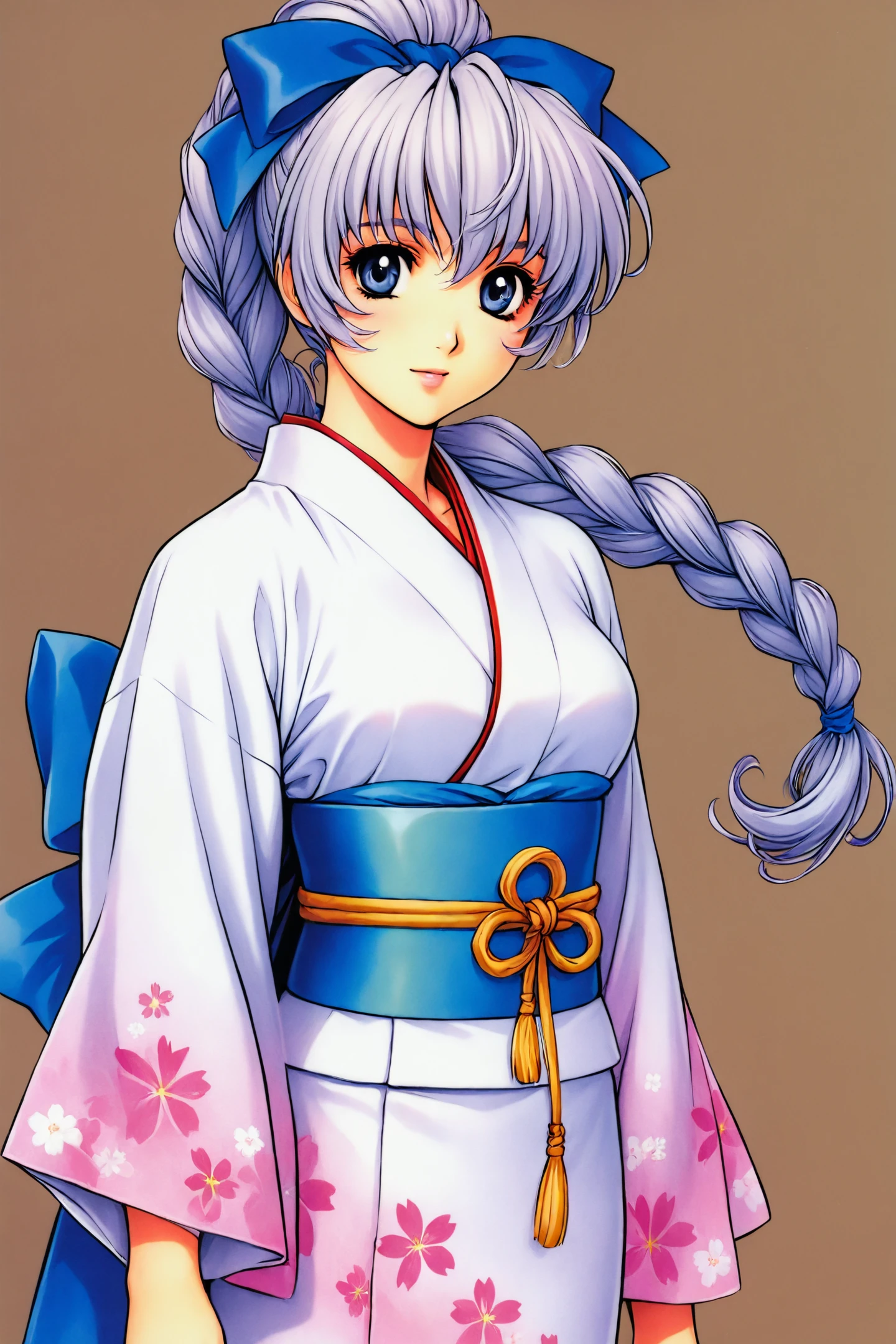 Teletha Testarossa,1girl,solo,grey hair,blue eyes,blue bow,braided ponytail,japanese clothes,white kimono,wide sleeves,sash,blue floral print,blue obi,standing,looking at viewer,upper body,
<lora:Shiki Doji_illustriousXL:0.3>,
<lora:Mushihime sama_illustriousXL:0.8>,