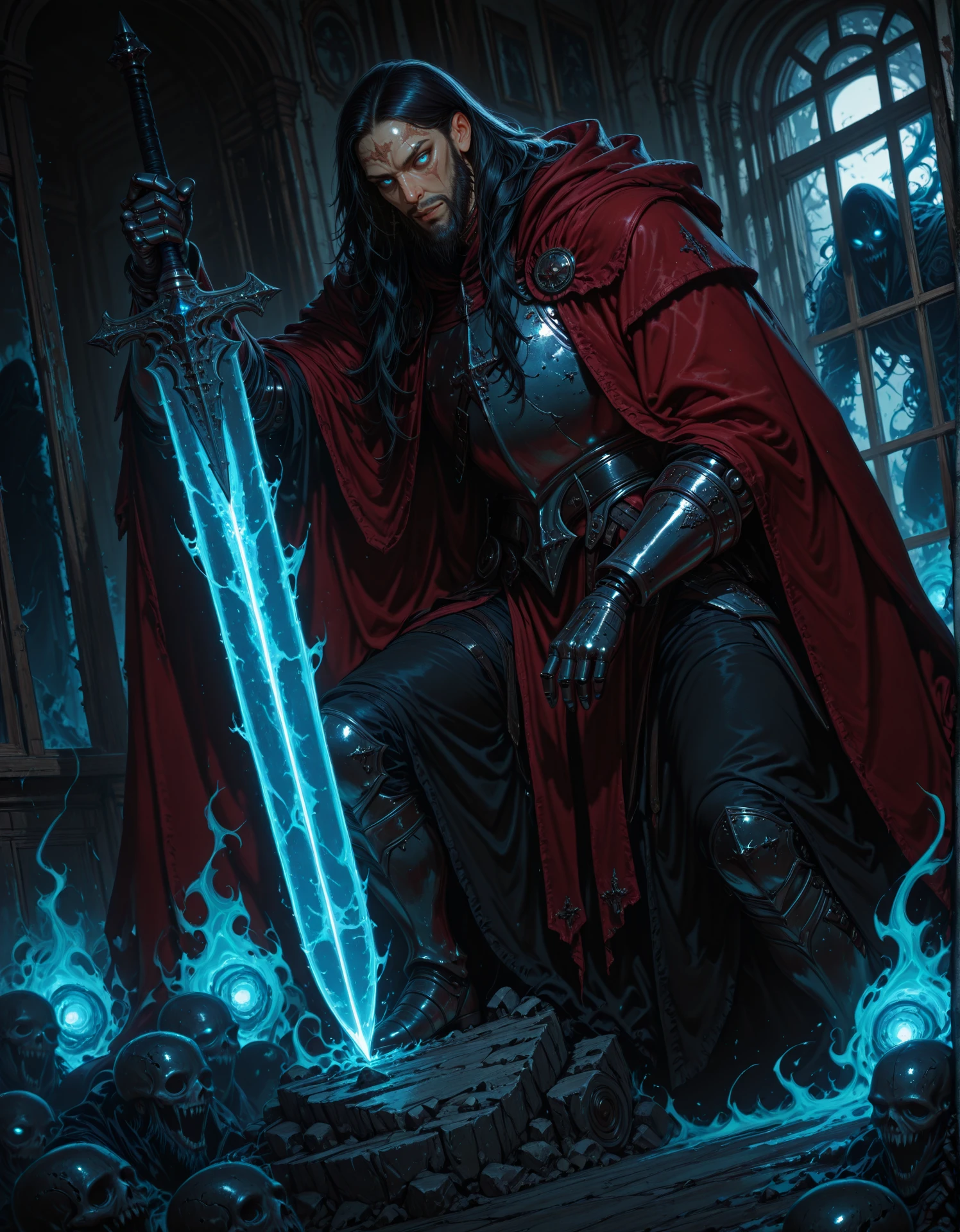 masterpiece, best quality,high quality, newest, highres,8K,HDR,absurdres, dimly lit, rim lighting, occult, gothic, eerie, (solo), 1boy, beard, long hair, black hair, face scar, blue eyes, halfplate armor, red cloak, left robotic arm, dutch angle, dynamic pose, black frilly drapes, in front of a window, ghosts, spirits, highly detailed, holding a glowing sword, horror, <lora:iLLMythG0thicL1nes:1> G0thicL1nes