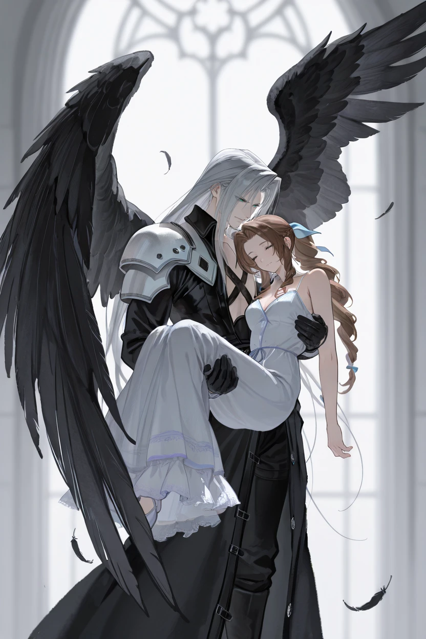 masterpiece, best quality, very aesthetic, newest, absurdres, highres,
<lora:YuYuHuadiaoIllustriousV1:1> yuyuhuadiao,
1girl, 1boy, dress, ribbon, wings, feathers, feathered wings, carrying, black wings, princess carry, single wing, carrying person, falling feathers, aerith gainsborough, sephiroth, grey theme, grey blurry background,
