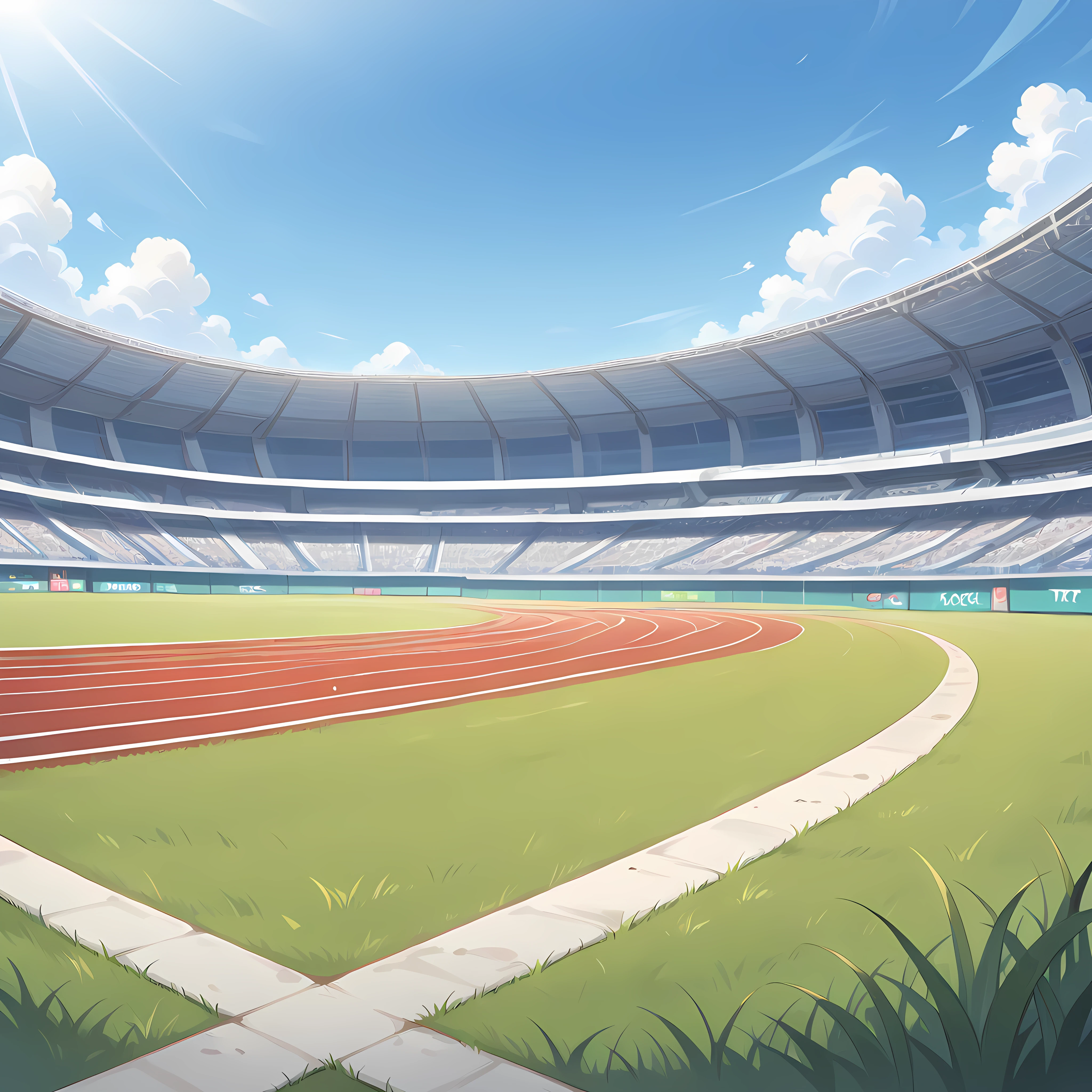 Masterpiece, newest, perfect quality, best quality, tr4ckf13ld, running track, outdoors, day, blue sky, grass, stadium