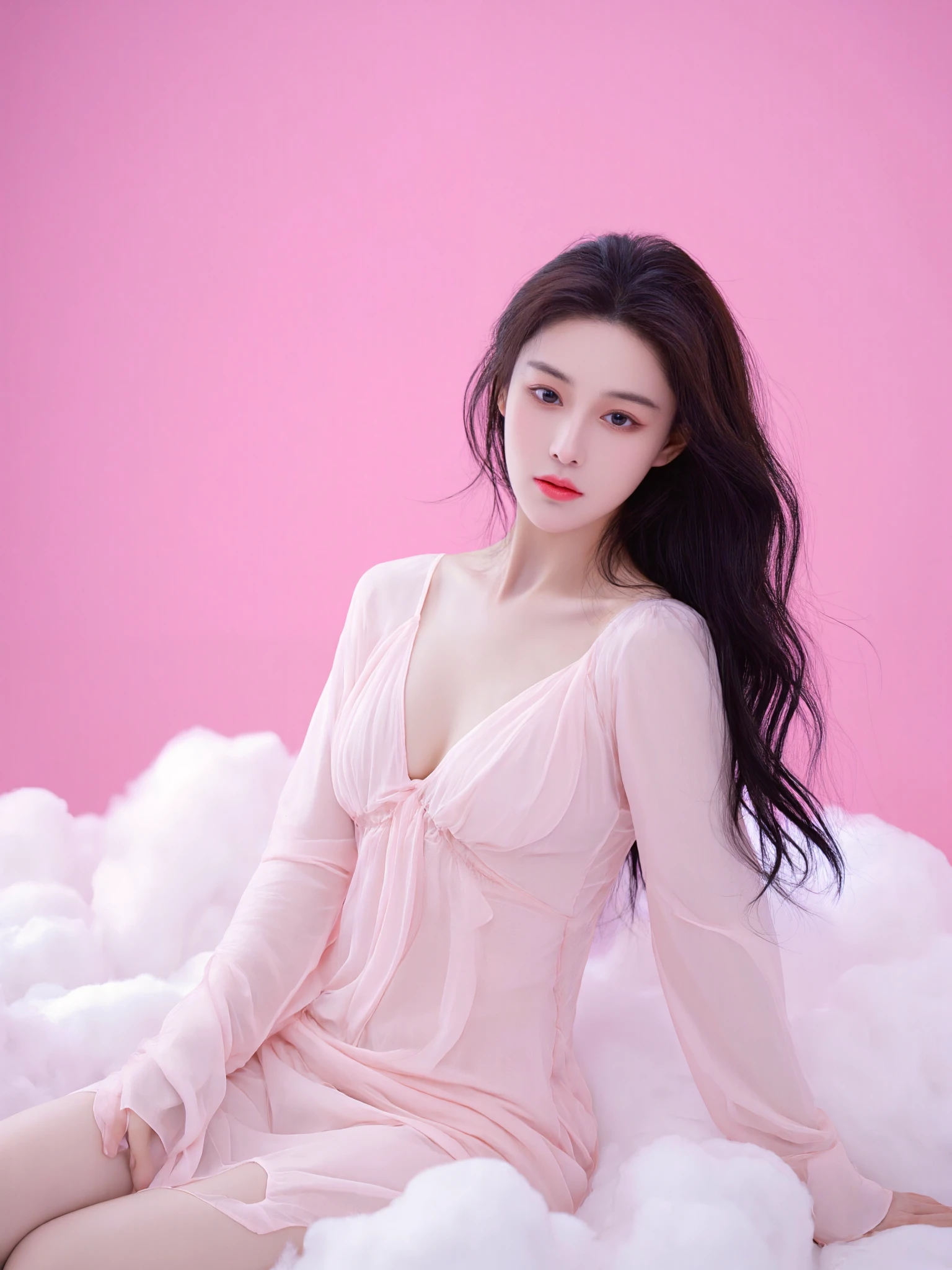 The image is a high-resolution photograph featuring a young Asian woman with long, flowing black hair, sitting amidst fluffy white clouds against a vibrant pink background. She has a fair skin tone, delicate facial features, and is wearing a sheer, pale pink gown with a plunging neckline that accentuates her slender physique. The lighting is soft and diffused, creating a dreamy, ethereal atmosphere. The camera angle is slightly low, looking up at her, emphasizing her serene expression and the voluminous clouds around her. The composition follows the rule of thirds, with the woman positioned off-center to the right, adding dynamic balance to the image. The overall aesthetic is whimsical and romantic, with a strong emphasis on soft textures and pastel colors.