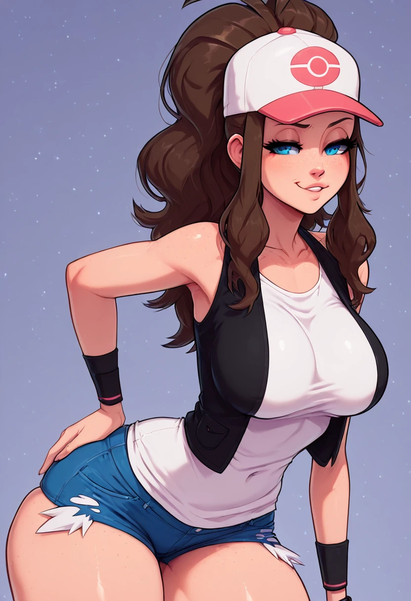 masterpiece, best quality, good quality, very aesthetic, absurdres, newest, skindentation, curvy, wide hips, zzHilda, blue eyes, long hair, high ponytail, sidelocks, hat, collarbone, white shirt, black vest, sleeveless, wristband, short shorts, denim shorts, exposed pocket, , <lora:HildaPokemon_NAI:1.0>, ,<lora:ElfFio_NAI_v2:1.0>, cowboy shot, hand on hip, smug, smile, looking at viewer, shiny skin,