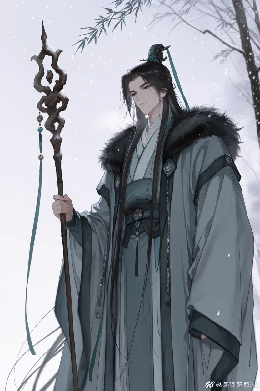 masterpiece, best quality, very aesthetic, newest, absurdres, highres,
<lora:YuYuHuadiaoIllustriousV1:1> yuyuhuadiao,
1boy, solo, black fur trim, hanfu, leaf, long hair, long sleeves, male focus, robe, snowing, staff, very long hair, wide sleeves,