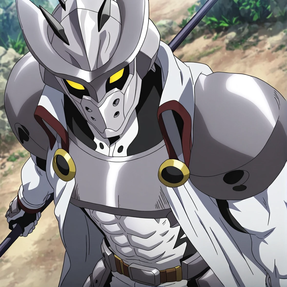 <lora:Burat-05:1> solo, yellow eyes, 1boy, no humans, armor, helmet, male focus, outdoors, abs
