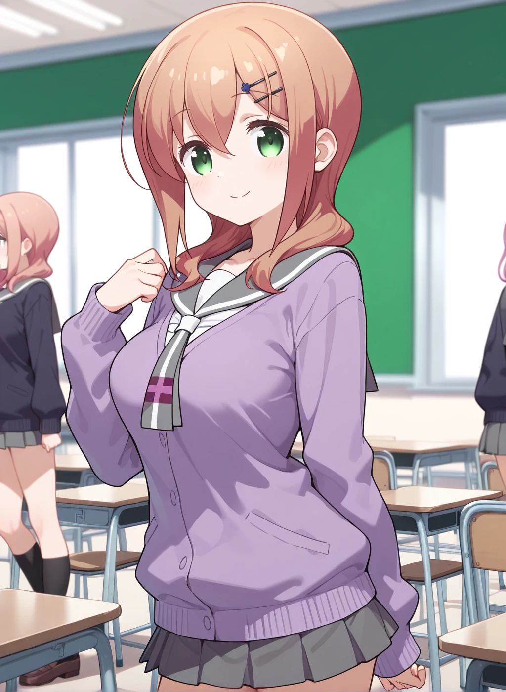 High quality,Ultra detailed,best quality,insanely detailed,beautiful,masterpiece,highres,absurdres,very aesthetic,very awa,sensitive BREAK
<lora:tokura_eiko_V1_IL:1>,(tokura eiko,slow start, brown hair, long hair, hair ornament, hairclip, bangs, green eyes, hair between eyes,medium breasts),(winter uniform,grey sailor collar,black kneehighs,pleated skirt,cardigan,serafuku,loafers),1girl,solo,smile,posing,solo focus,(upper body,looking at viewer,school,classroom,indoors),