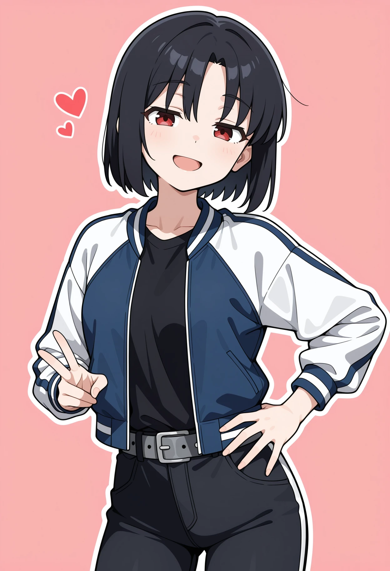 1girl, solo, black hair, short hair, red eyes,:d, looking at viewer,
white outline, pink background, cowboy shot, thick outline, simple background, v sign, hand on hip, seductive smile, v over eye,
multicolored jacket, white jacket, blue jacket, black shirt, grey belt, black pants,
,masterpiece,best quality,amazing quality,
<lora:NoobV065sHyperDmd:.5> <lora:iwashita_shima_meipaws:.9>