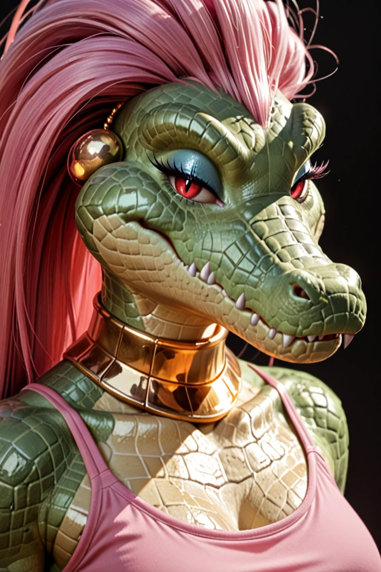 masterpiece, best quality, amazing quality, very aesthetic, high resolution, ultra-detailed, absurdres, newest BREAK 1girl, solo, Kalypso, anthro, furry female, long hair, straight hair, pink hair, red eyes, blue eyeshadow, crocodilian, gold earrings, gold collar, pink crop top, close up, portrait, looking at viewer, half-closed eyes, simple background