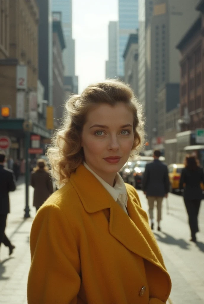 cinematic_1940s supermodel strides confidently through bustling 1940s New York streets, blonde ponytail glistening in sunlight. Piercing blue eyes sparkle with warm smile as she poses for her blog, mounted GoPro camera capturing every angle. Extreme close-ups reveal intricate details: city sounds echoing off skyscrapers. Wide-angle shots immerse viewer in the fashion scene, showcasing Manhattan's iconic landmarks, pedestrians rushing by, and model's striking poses amidst urban chaos. GoPro's rugged features emphasize dynamism, capturing every movement, pose, and detail as our supermodel navigates the city that never sleeps.