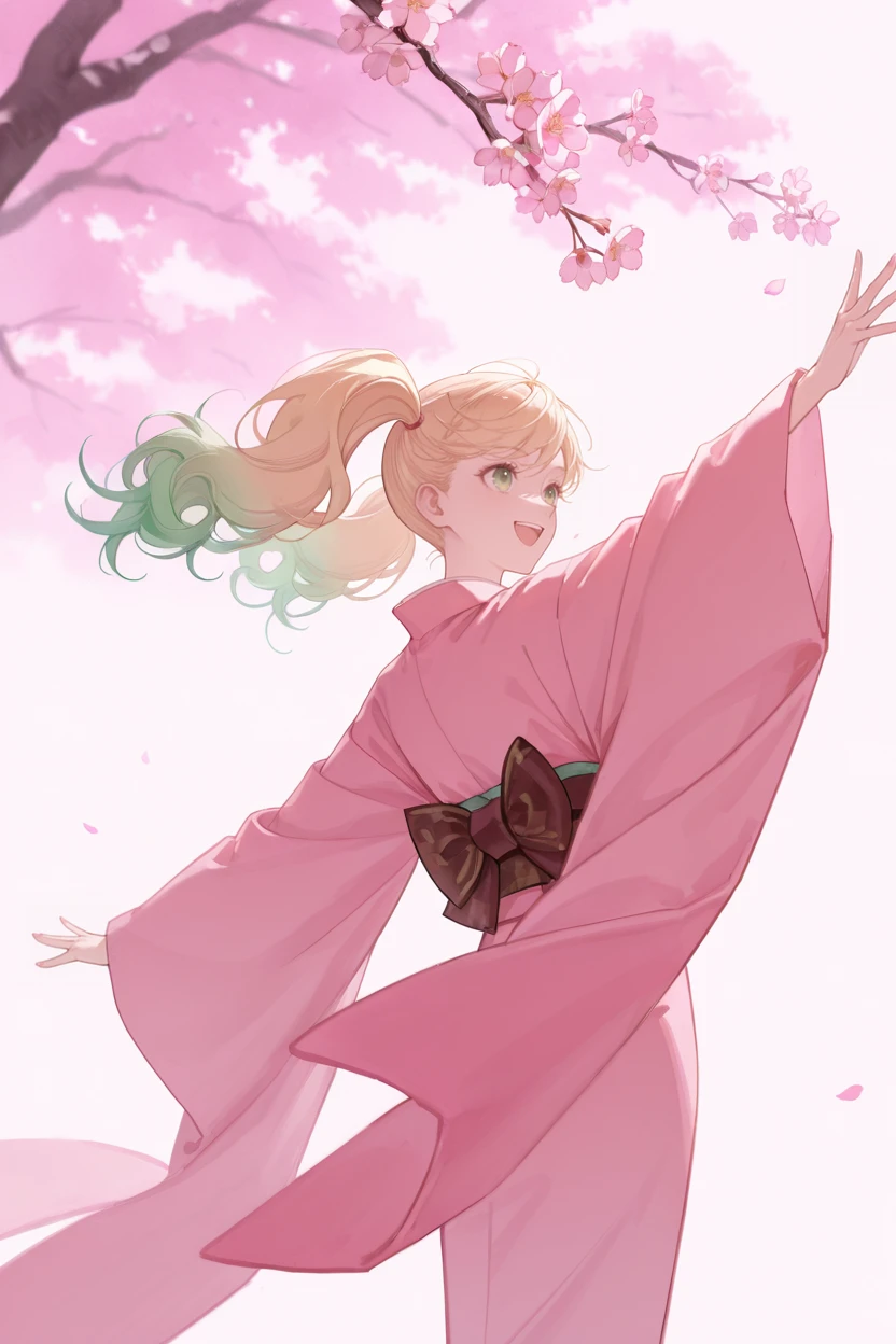 masterpiece, best quality, very aesthetic, newest, absurdres, highres,
<lora:YuYuHuadiaoIllustriousV1:1> yuyuhuadiao,
1girl, solo, kimono, floating hair, cherry blossoms, outstretched arms, smile, open mouth, kimono,
<lora:WatanabeSarasaIllustriousV1:1> watanabesarasa, blonde hair, green hair, multicolored hair, gradient hair, curly hair, green eyes, twintails, pink theme,