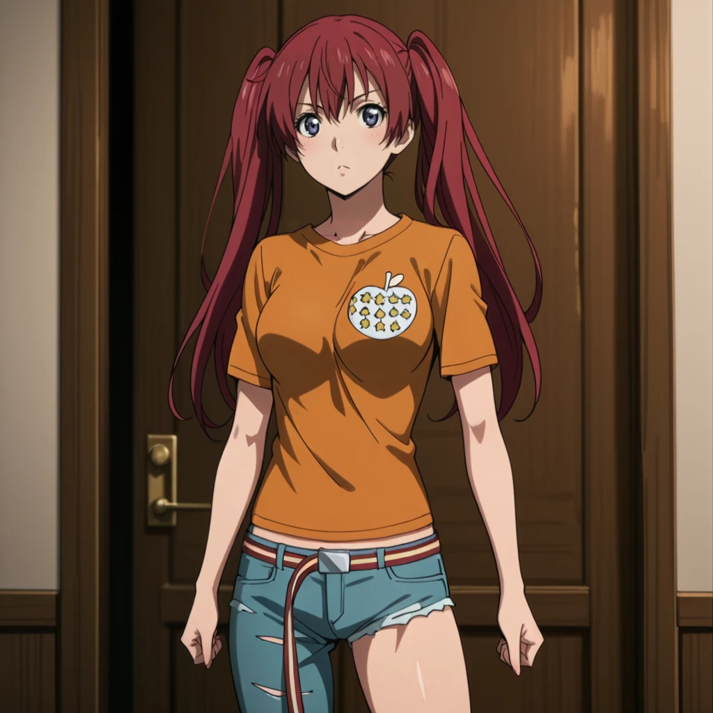 <lora:RingoOVA_illustrious_v1:1>RingoOVA, 1girl, twintails, long hair, single pantsleg, t-shirt, red hair, pants, cowboy shot