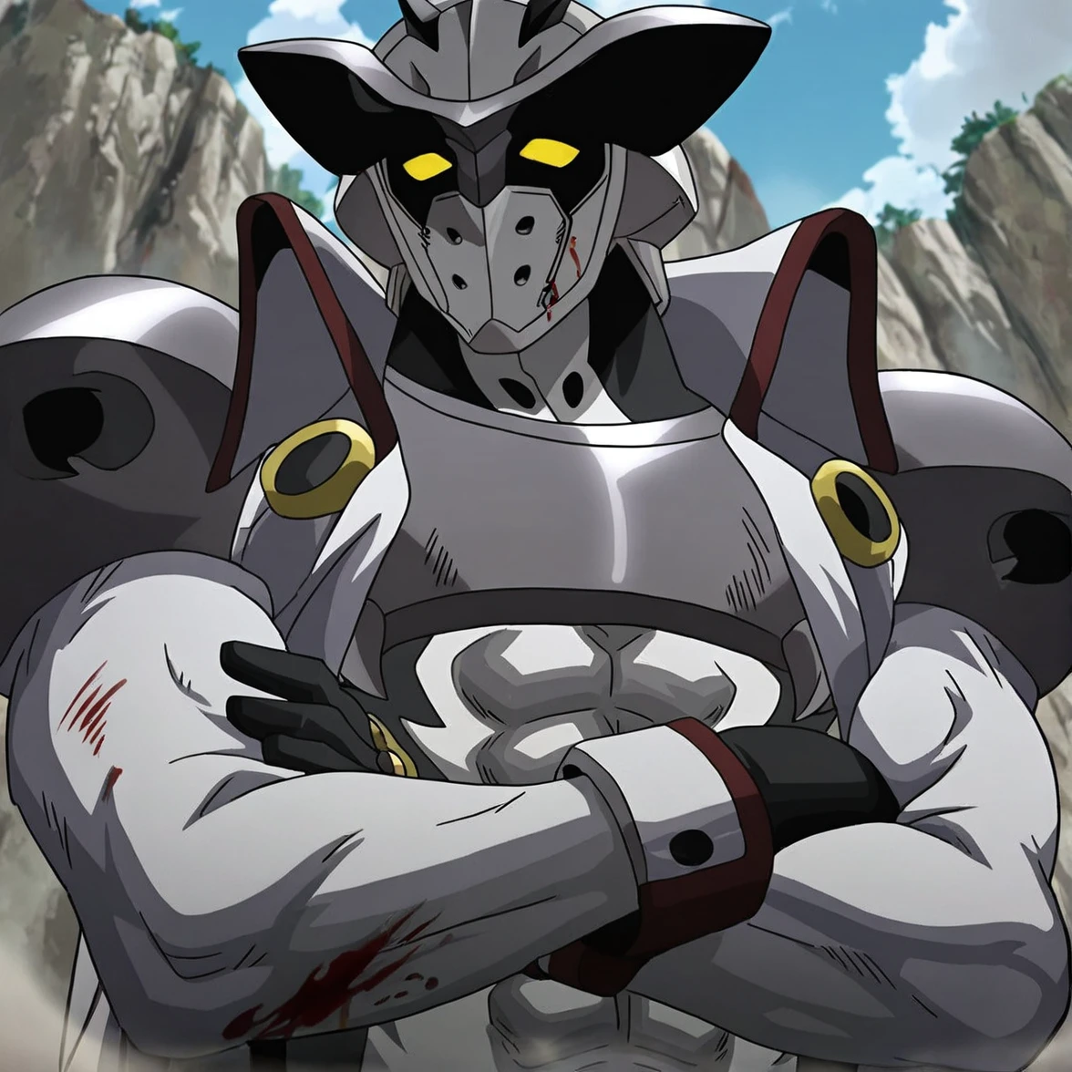 <lora:Burat-05:1> solo, yellow eyes, 1boy, no humans, armor, helmet, male focus, outdoors, abs, crossed arms, view from below,blood,covered in blood,blood on face, <lora:add-detail-xl:1>