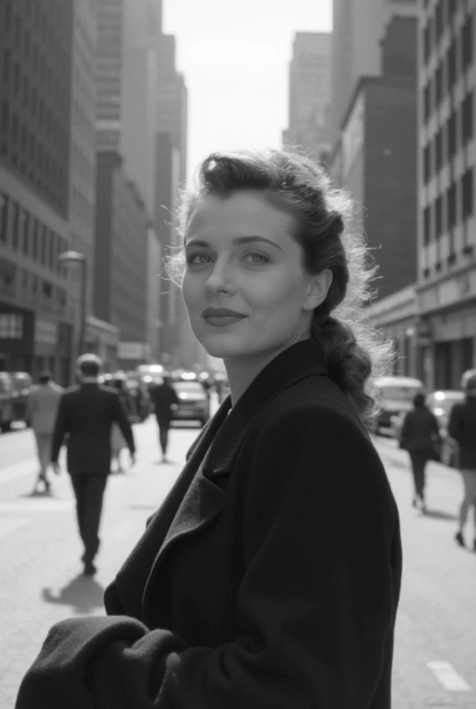 black and white photo, cinematic_1940s supermodel strides confidently through bustling 1940s New York streets, blonde ponytail glistening in sunlight. Piercing blue eyes sparkle with warm smile as she poses for her blog, mounted GoPro camera capturing every angle. Extreme close-ups reveal intricate details: city sounds echoing off skyscrapers. Wide-angle shots immerse viewer in the fashion scene, showcasing Manhattan's iconic landmarks, pedestrians rushing by, and model's striking poses amidst urban chaos. GoPro's rugged features emphasize dynamism, capturing every movement, pose, and detail as our supermodel navigates the city that never sleeps.