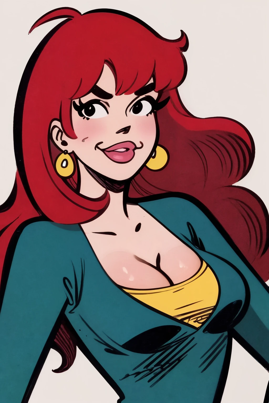Thin woman, age 25, 4K (High definition), beautiful smiling, seducing gaze, teacher in red dress (of buttons) with V-neck and short sleeves, black belt, pele caucasiana, shoulder length curly red hair, standing, curvy with freckles and little beads of sweat running down her forehead and chest. marvel style, white background.