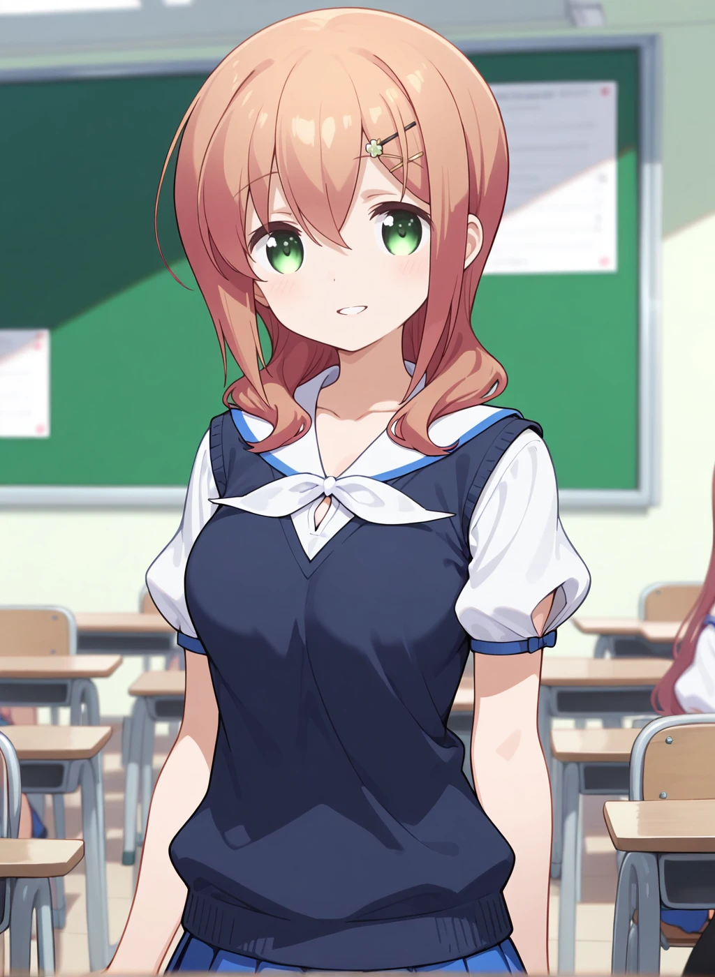 High quality,Ultra detailed,best quality,insanely detailed,beautiful,masterpiece,highres,absurdres,very aesthetic,very awa,sensitive BREAK
<lora:tokura_eiko_V1_IL:1>,(tokura eiko,slow start, brown hair, long hair, hair ornament, hairclip, bangs, green eyes, hair between eyes,medium breasts),(summer uniform, puffy short sleeves,v-neck,white shirt,white sailor collar,blue skirt,pleated skirt,vest,pleated skirt,black kneehighs,loafers),1girl,solo,smile,parted lips,posing,solo focus,(upper body,looking at viewer,school,classroom,indoors),