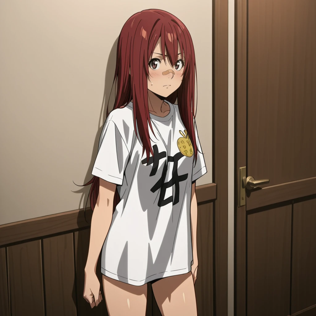 <lora:RingoOVA_illustrious_v1:1>RingoOVALongHair, 1girl, long hair, bandaid on face, white long t-shirt, red hair, bandaid on nose, short sleeves, cowboy shot