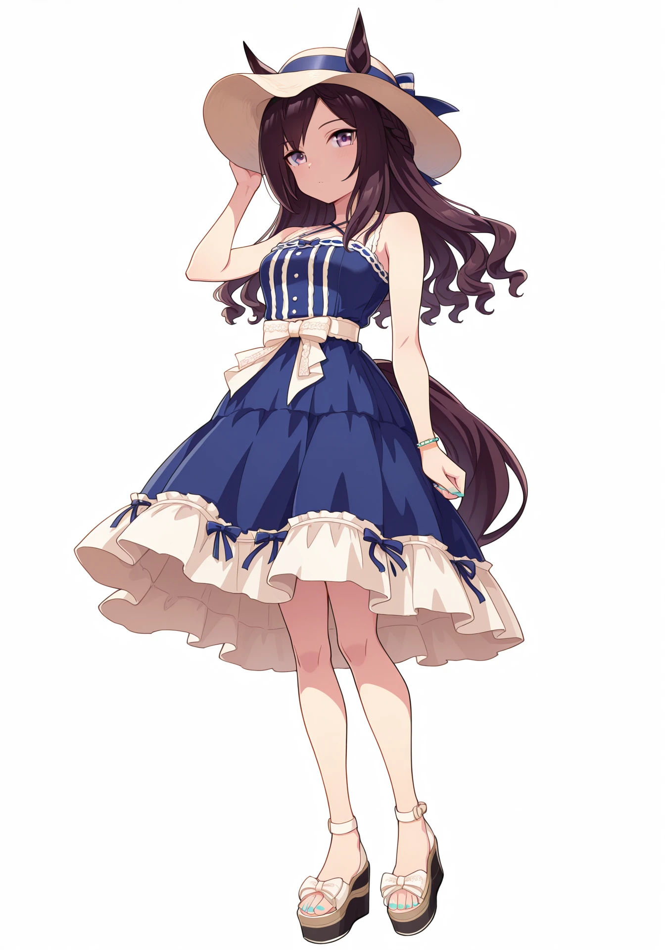 white background,transparent background,umaofficial,1girl,solo,MDober,black hair,purple eyes,horse girl,long hair,medium breasts,
MDSaphir,blue sleeveless dress,sun hat,bracelet,platform sandals,white waist bow,parted bangs,crown braid,aqua toenails,aqua nails,ears through headwear,
standing,looking at viewer,
masterpiece,best quality,highres,amazing quality,<lora:MejiroDoberILV2-000001:1>,<lora:UmaOfficialILV1.0:0.7>,
