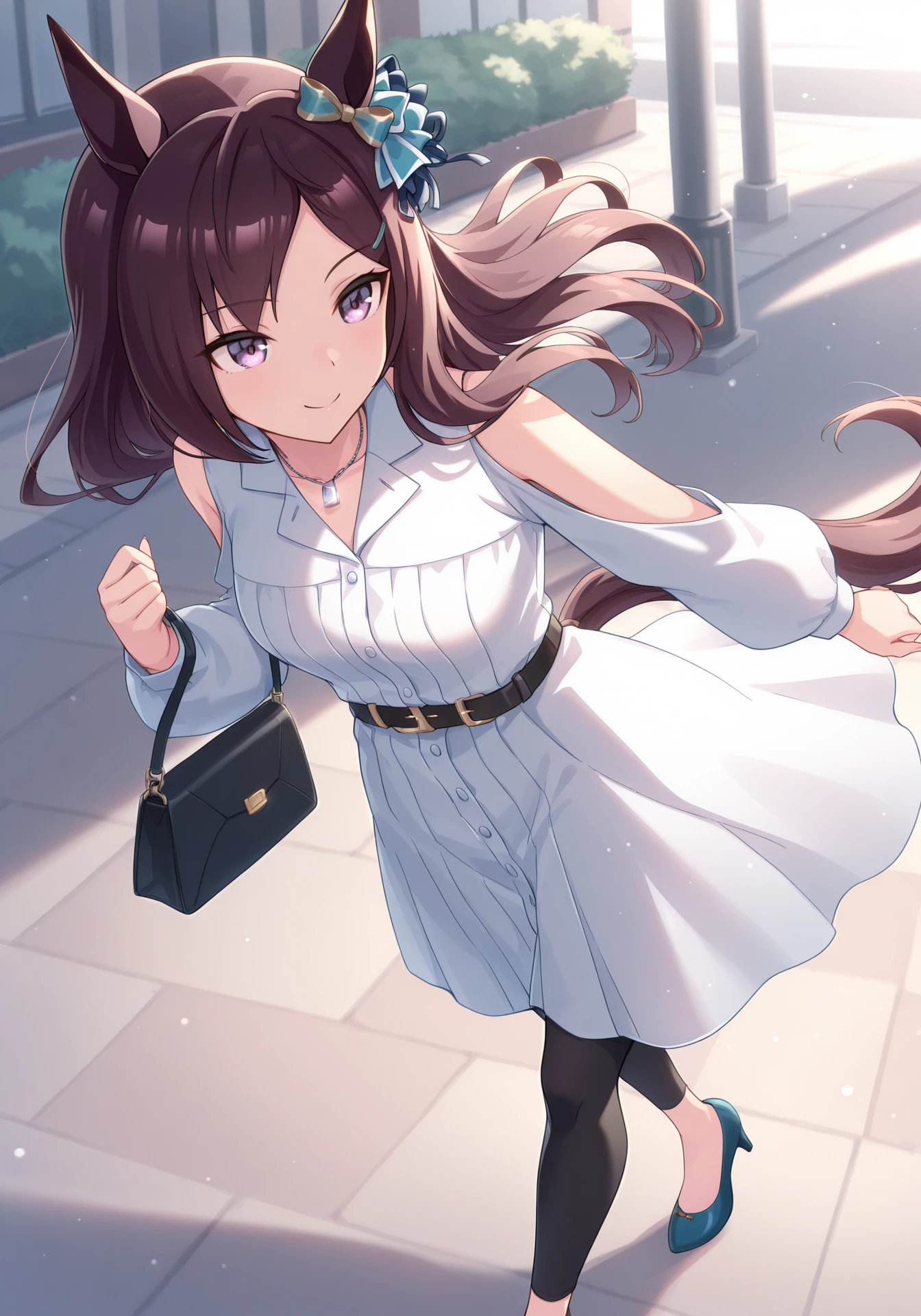 umaofficial,1girl,solo,MDober,black hair,purple eyes,horse girl,long hair,medium breasts,
MDcasual,white dress,shoulder cutout,black leggings,white necklace,black belt,cyan pumps,green ear ornament,green hair clip,parted bangs,
dynamic pose,smile,outdoors,walking,handbag,
masterpiece,best quality,highres,amazing quality,<lora:MejiroDoberILV2-000001:1>,<lora:UmaOfficialILV1.0:0.7>,