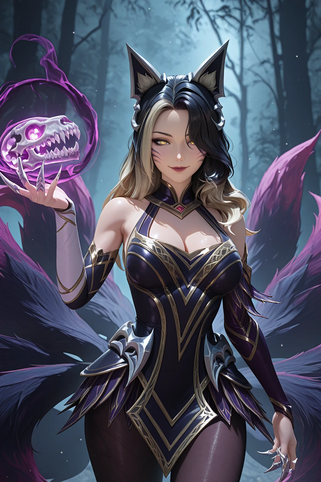 masterpiece, good quality, best quality, very awa, very as2, absurdres, highres, 3d
<lora:coven ahriilluLoRA:1>cvnari, animal ears, long hair, multicolored hair, whisker markings, bare shoulders, detached sleeves, halter dress, cleavage, asymmetrical sleeves, claw ring, multiple tails, pantyhose, holding animal skull, magic, smile