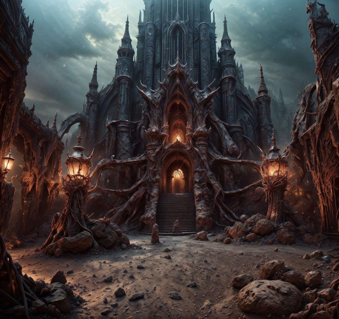 RAW photo, (masterpiece:1.3), subsurface scattering, heavy shadow, (high quality:1.4), (intricate, high detail:1.2), professional photography, HDR, High Dynamic Range, realistic, ultra realistic, photorealistic, high resolution, film photography, ambient lighting, atmospheric effects, <lora:detail_slider_v4:2>, OverallDetail, <lora:Evil:1>, evilrealm, an evil tower in a barren landscape, epiCPhoto