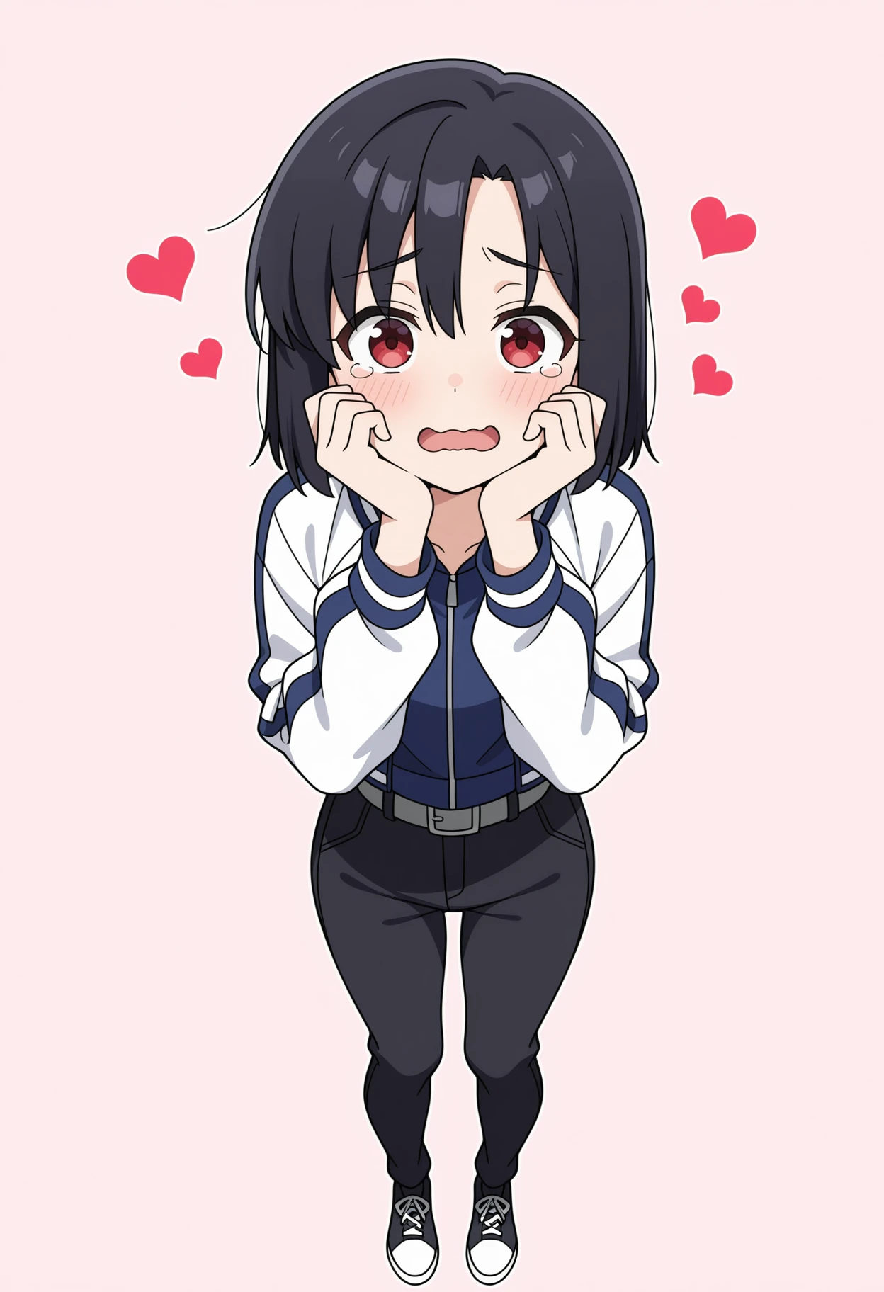 1girl, solo, black hair, short hair, red eyes,:d, looking at viewer, anime screencap,
blush, hands on own face, black hair,, short hair, open mouth, wavy mouth, hands on own cheeks, tears, heart, red eyes, multicolored jacket, white jacket, blue jacket, simple background, black pants, grey belt, full body, standing, straight on,
,masterpiece,best quality,amazing quality,
<lora:NoobV065sHyperDmd:.5> <lora:iwashita_shima_meipaws:.9>