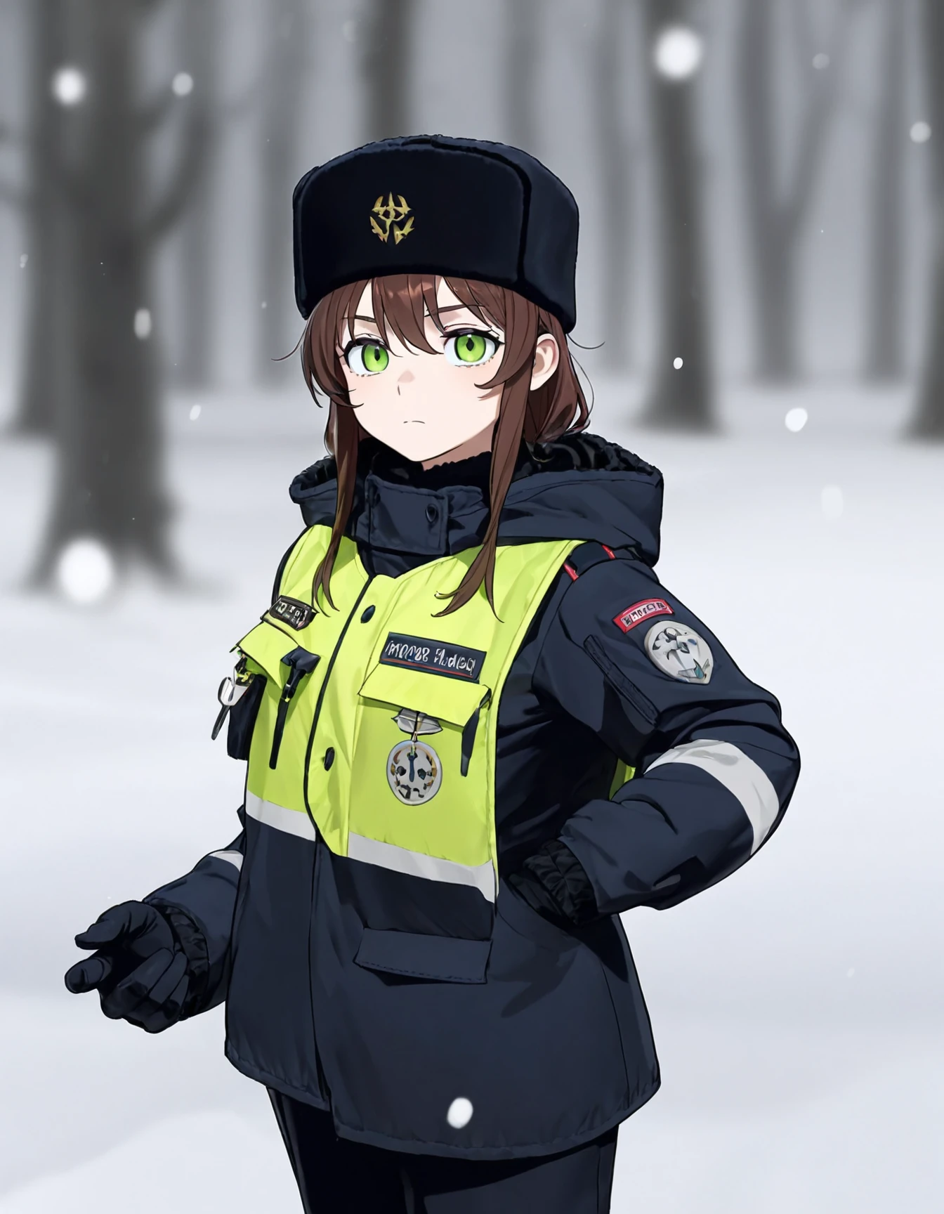 winter, snow, winter black gloves, harsh gaze, harsh expression, serious gibbd officer with long brown hair in (fur hat:1.3) and fluorescent vest, green eyes, black hat,  female, five fingers, gold emblem on hat, baggy green vest, black jacket, loose clothing, small breast, hand in pocket, <lora:gibdd_2025-03-10_23-52-17-save-3420-60-0:1>