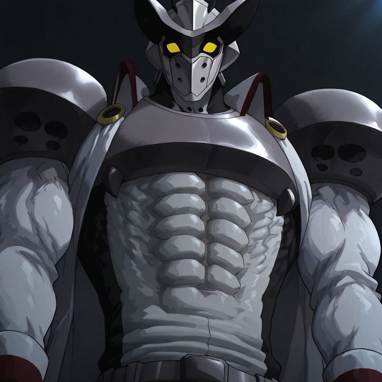 <lora:Burat-05:1> solo, yellow eyes, 1boy, shiny armor,surprised,helmet, no humans, male focus, black room background, abs,dynamic light,masterpiece <lora:add-detail-xl:1> <lora:ExpressiveH_V2_Hentai_LoRa_Style_ã¨ãã¢ãã¡:1> expressiveh, <lora:SyuroIlu:1> syuro, by syuro, anthro