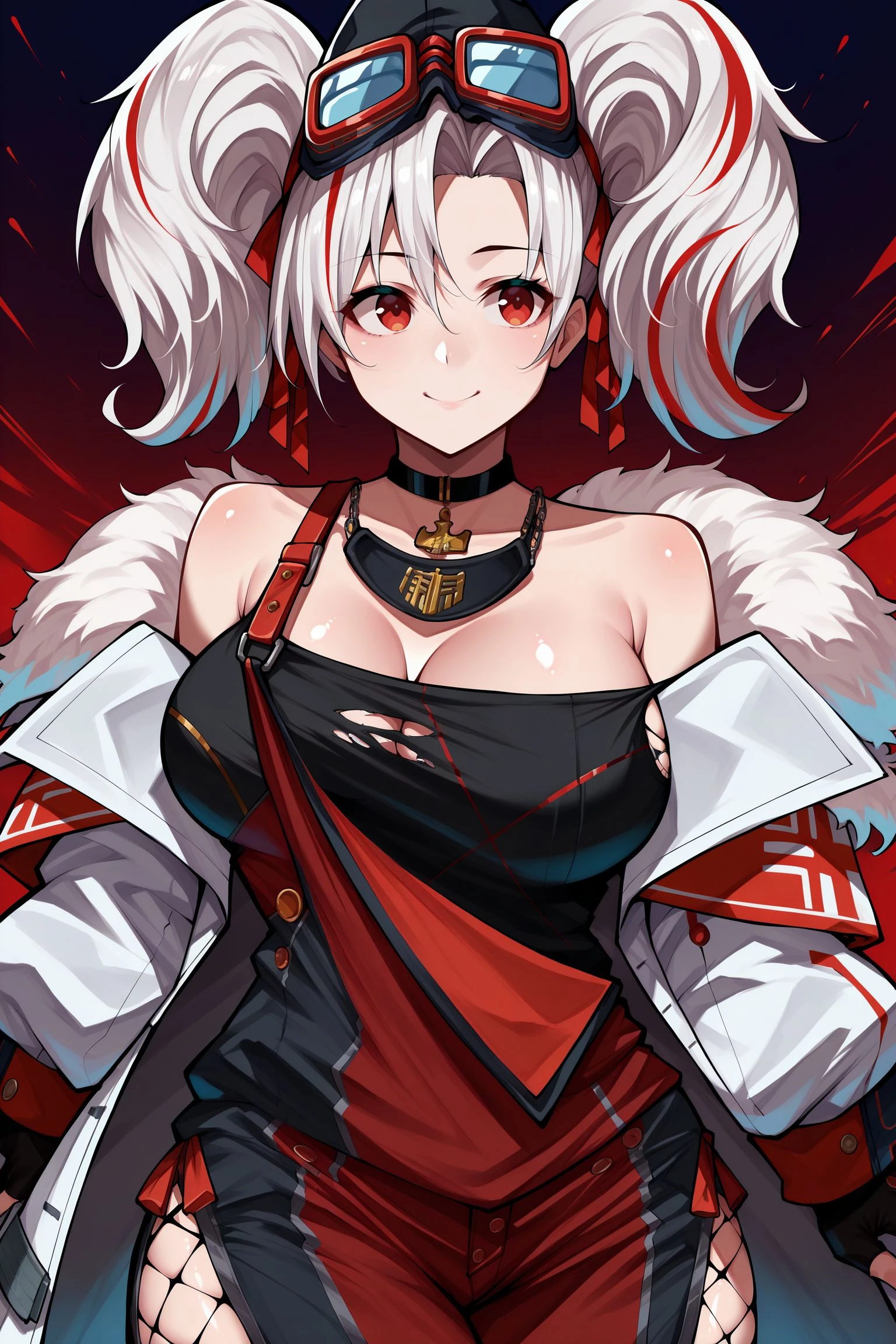 masterpiece, best quality, highres, 1girl, solo, red_eyes, sakamata chloe, garter straps, black fingerless gloves, torn thighhighs, grey hair, hair ornament, multicolored hair, plaid skirt, streaked hair, cleavage, x hair ornament, black hair, red skirt, black collar, white camisole, medium breasts, miniskirt, pleated skirt, black thighhighs, braid, white shirt, black_belt, medium hair, black jacket, plaid_bow, hood_up, long sleeves, off shoulder, big breasts