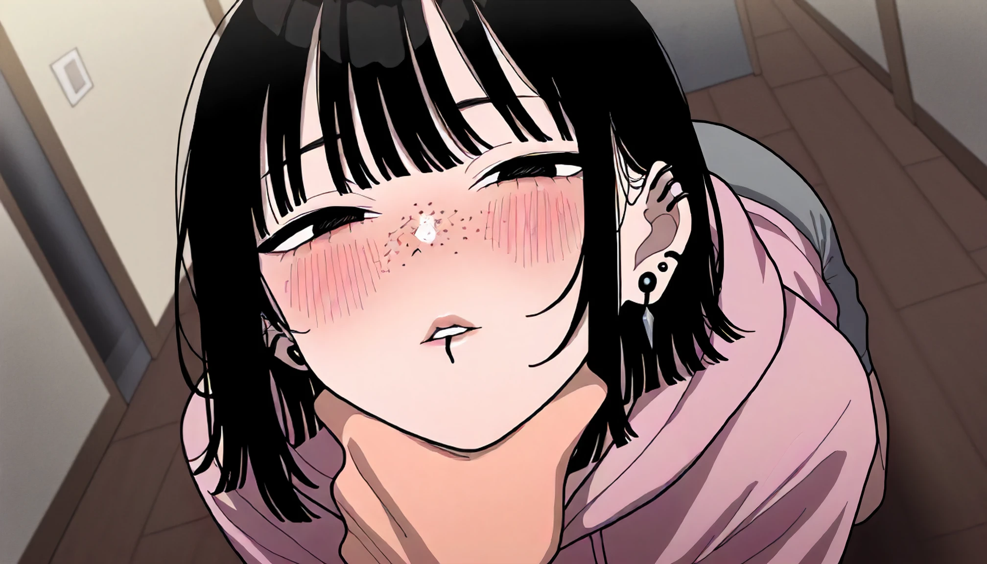 {Highest quality}. {so beautiful}. {Super detailed}, {Best illustrations}, Browsing Caution、((Angry face))、Big penis、blush,anger、A woman drooling after having urine splashed on her face、Face sitting、((女性がBig penisを顔に押し付ける))、Glare、anger、angerった顔、Glare、ribbon、Black Hair、Red hair tips、Pink Eyes、semen、shame、White skin、Focus on the face、((kimono))、Public toilet