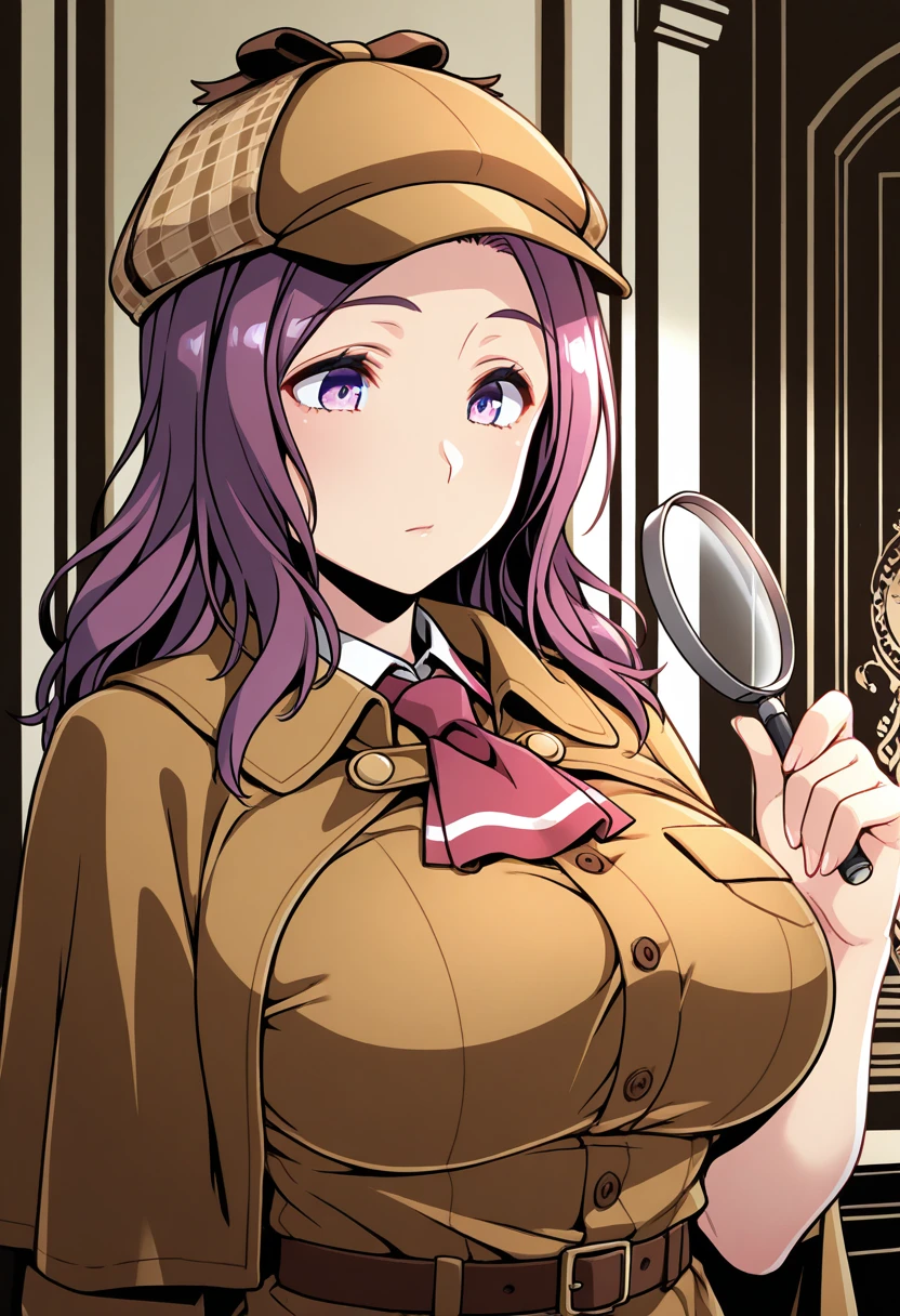 masterpiece, best quality, amazing quality, very aesthetic, high resolution, ultra-detailed, absurdres, newest, scenery,high contrast, BREAK  <lora:nagorirokudo:1>,nagorr, 1girl, purple hair, long hair, parted bangs, purple eyes, large breasts, mature female,detective outfit,detective cap,yellow checkered clothes,leaning on,thoughtful,holding magnifing glass,indoors,palace