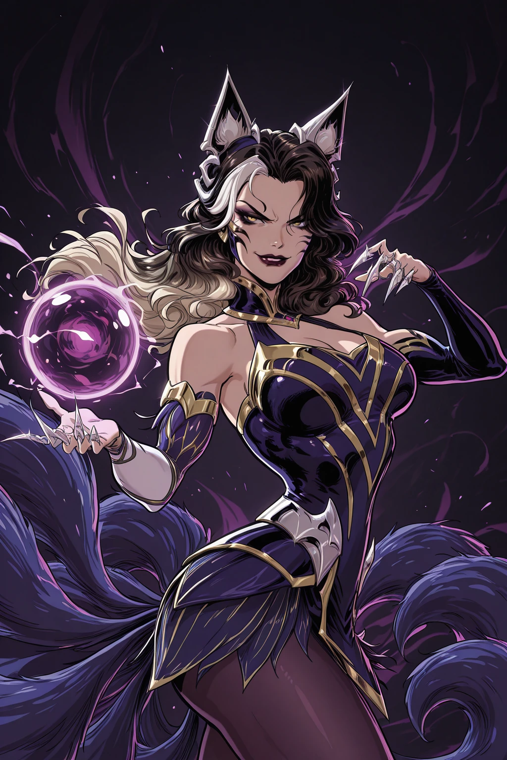 masterpiece, good quality, best quality, very awa, very as2, absurdres, highres
<lora:coven ahriilluLoRA:1>cvnari, animal ears, long hair, multicolored hair, whisker markings, bare shoulders, detached sleeves, halter dress, cleavage, asymmetrical sleeves, claw ring, multiple tails, pantyhose, smile, angry, dynamic pose, energy orb,
<lora:kaare andrews StyleIlluLYCOv2:1>1girl, muscular, makeup, hair, tall female, colored skin, lipstick, looking at viewer, fighting stance, from side, dark background