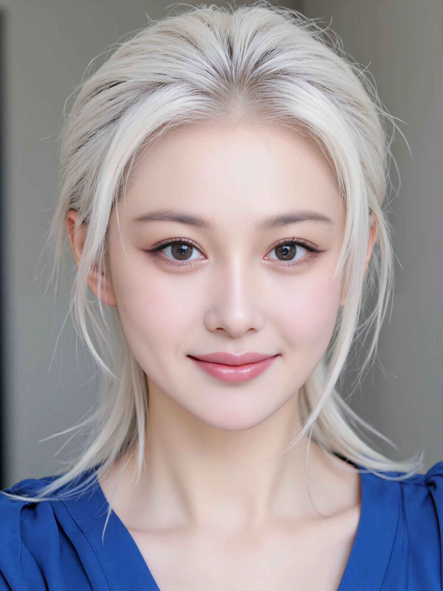 a woman, white hair, blue shirt, light smile, portrait, blurred background