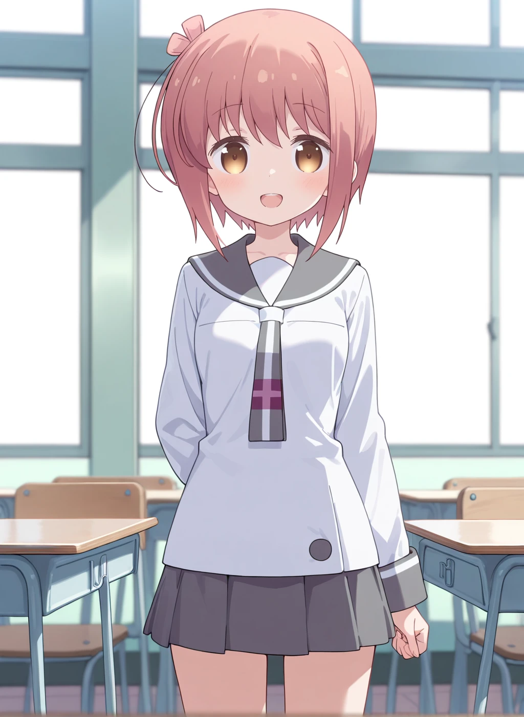 High quality,Ultra detailed,best quality,insanely detailed,beautiful,masterpiece,highres,absurdres,very aesthetic,very awa,sensitive BREAK
<lora:ichinose_hana_V1_IL:1>,(ichinose hana, slow start, pink hair, short hair, brown eyes, sidelocks,small breasts),(winter uniform,pleated skirt,white shirt,long sleeves,grey sailor collar,grey necktie,grey skirt,loafers,white kneehighs),1girl,solo,laughing,posing,solo focus,(upper body,looking at viewer,school,classroom,indoors),