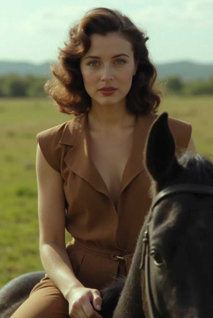 cinematic_1940s amazona de cabello castaño, veinte años, sobre un garañon negro al trote, ojos color avellana, esbelta, rostro ovalado, mejillas salientes, pomulos altos, nariz respingona, labios rojos; largas piernas, atractiva, cara de niña; modelo, belleza, semidesnuda; en un prado verde despejado con el horizonte al fondo, luz natural, fotorealista, 4k