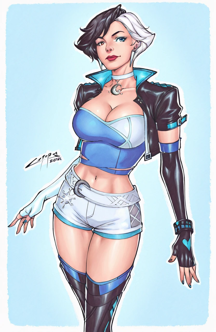 A tall sexy beautiful happy woman has short bright blue hair and orange eyes and wears a metallic purple corset bra, shows her navel and dark blue pants underneath and is wearing a red kitten heel.