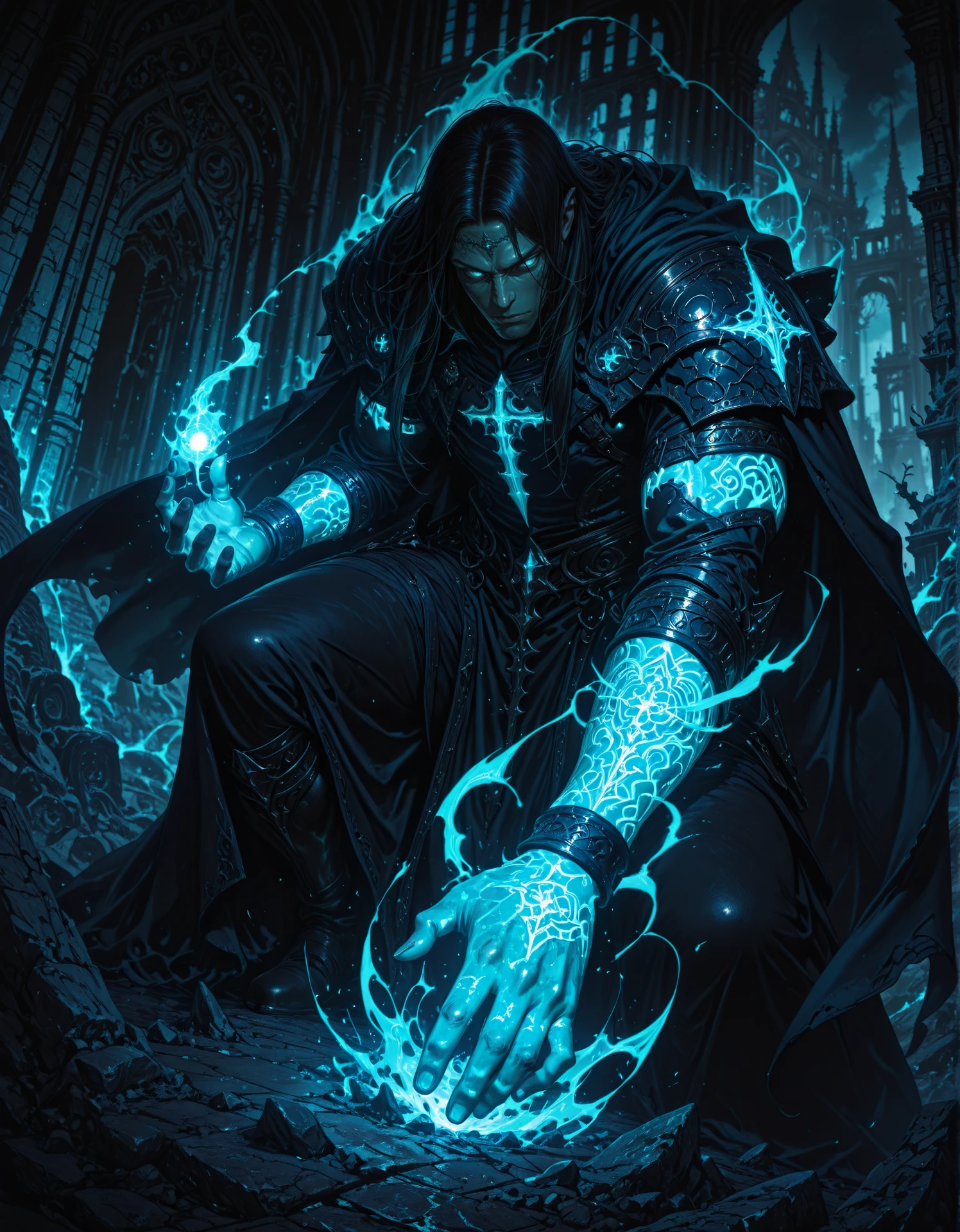 masterpiece, best quality,high quality, newest, highres,8K,HDR,absurdres, 1boy, solo, long dark hair, glowing blue eyes, dark fantasy armor, magical sigils, holding spellbook, shadowy aura, ancient ruins, glowing tattoos, cursed weapon, tattered cape, battle stance, ethereal mist, detailed background, depth of field, dynamic pose, foreshortening, cinematic lighting, dramatic shadows, enchanted symbols, intricate magic patterns, deep color contrast, gothic architecture, dark theme, high fantasy setting., detailed background, dynamic pose, dynamic composition,dutch angle, detailed backgroud,foreshortening,blurry edges <lora:iLLMythG0thicL1nes:1> G0thicL1nes
