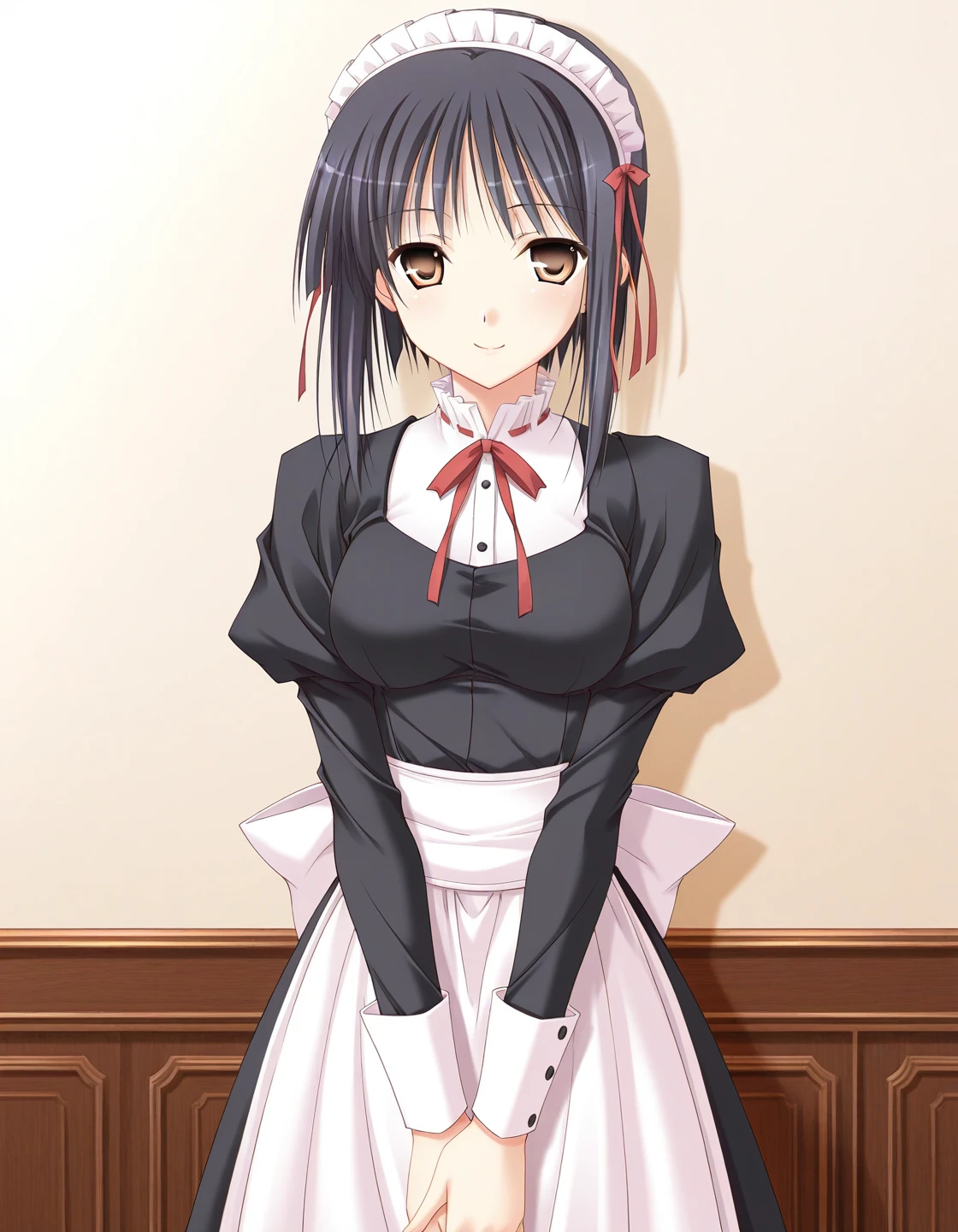 1girl, solo, fujikura yuu, black hair, short hair, brown eyes, smile, medium breasts, maid, maid headdress, juliet sleeves, v arms, hands together, straight on, front of wall, indoors, white wall <lora:fujikura_yuu_ilxl_v1:0.8>
