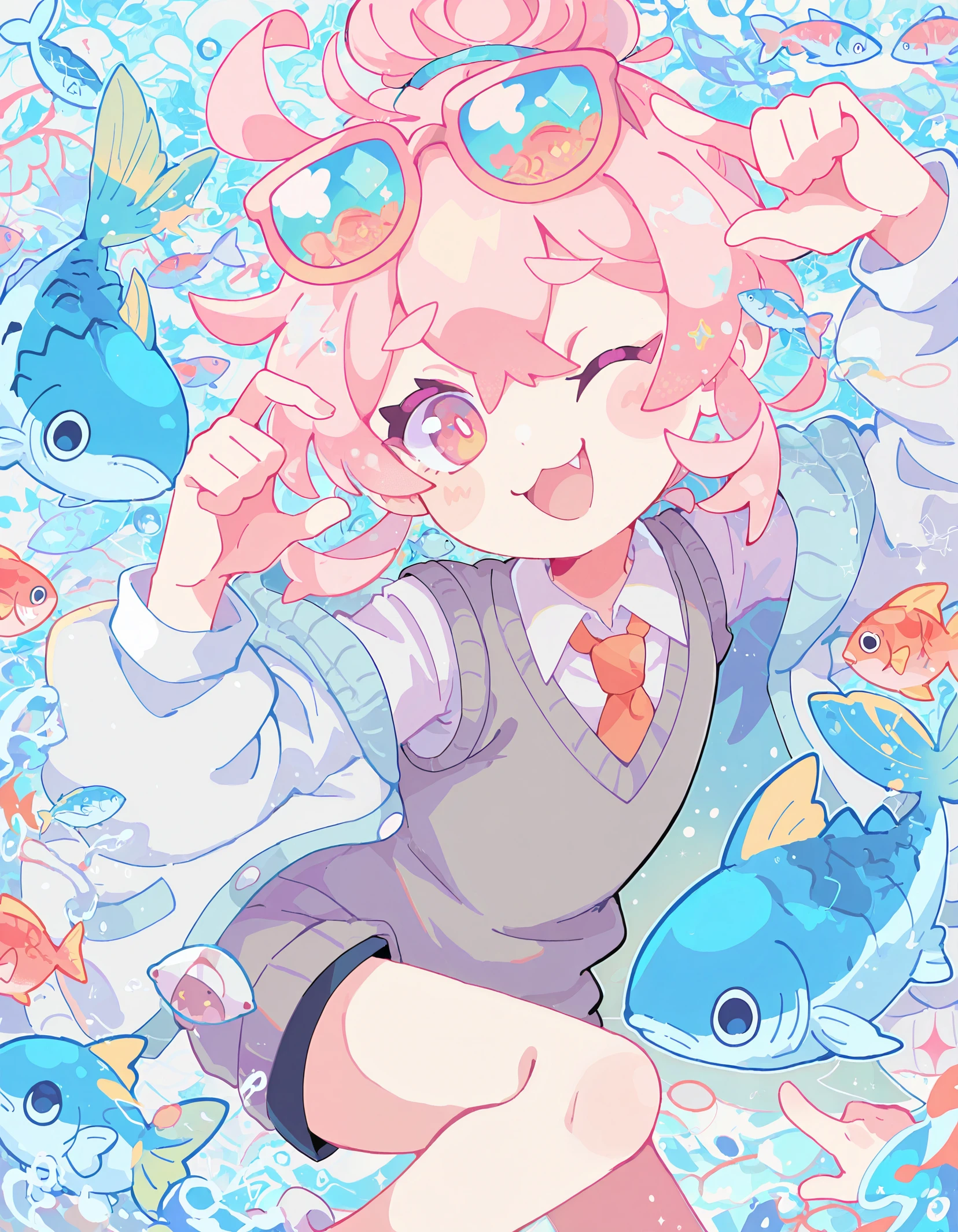 masterpiece, best quality,high quality, newest, highres,absurdres, <lora:sowasowart_style-000016:1>,s0wasow4rt_illu,abstract, 1girl, sweater vest, orange eyes, male focus, fish, eyewear on head, fang, one eye closed, looking at viewer, hair bun, pink eyes