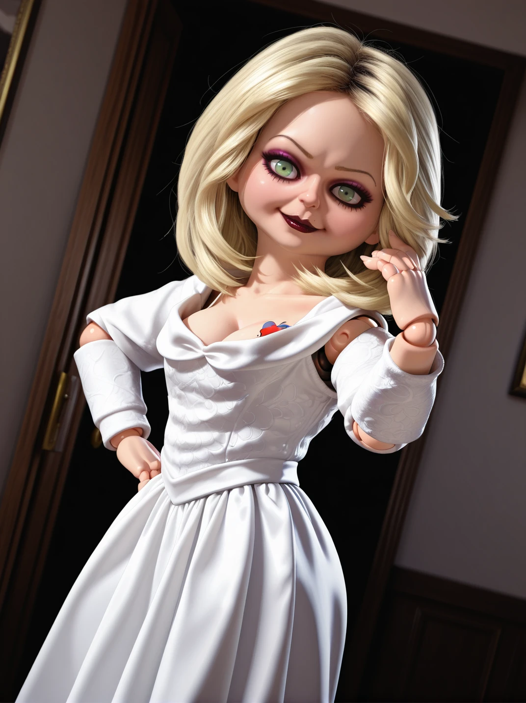 highres, hi res, best quality, masterpiece, 3d, realistic,
1girl, (TiffanyXLP:1.1), blonde hair, green eyes, eyeshadow, makeup, white dress, long skirt, doll joints, cleavage, tattoo,
light smile, dutch angle, naughty pose, looking at viewer, dark room, indoors, one hand on hips, one hand on hair, solo, dynamic pose, cowboy shot, head tilt, sexually suggestive, from side,
<lora:TifannyCMXL_character-12-IL:1>