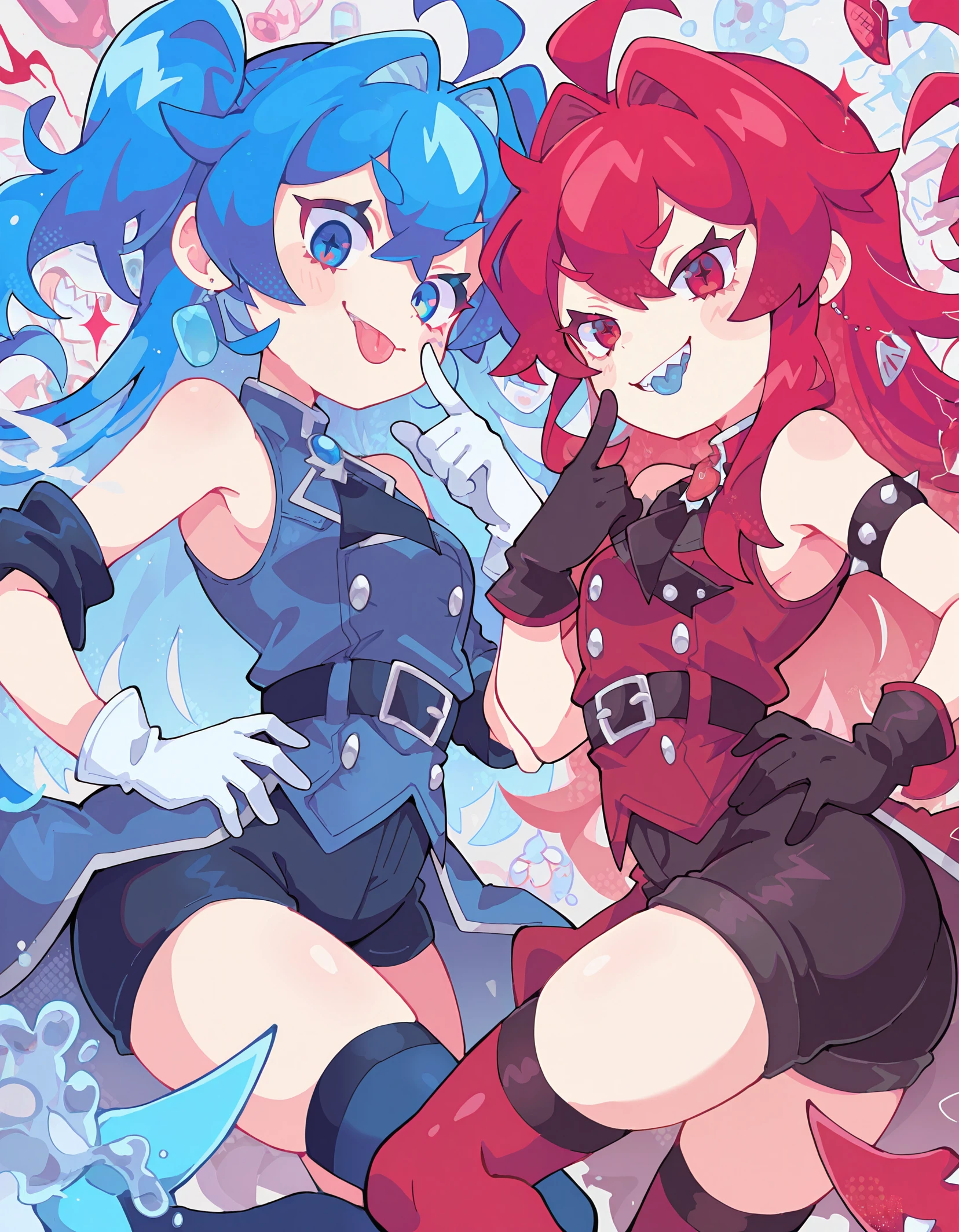 masterpiece, best quality,high quality, newest, highres,absurdres, <lora:sowasowart_style-000016:1>,s0wasow4rt_illu,multiple girls, 2girls, red hair, red eyes, teeth, tongue, blue hair, gloves, tongue out, sharp teeth, smile, blue eyes